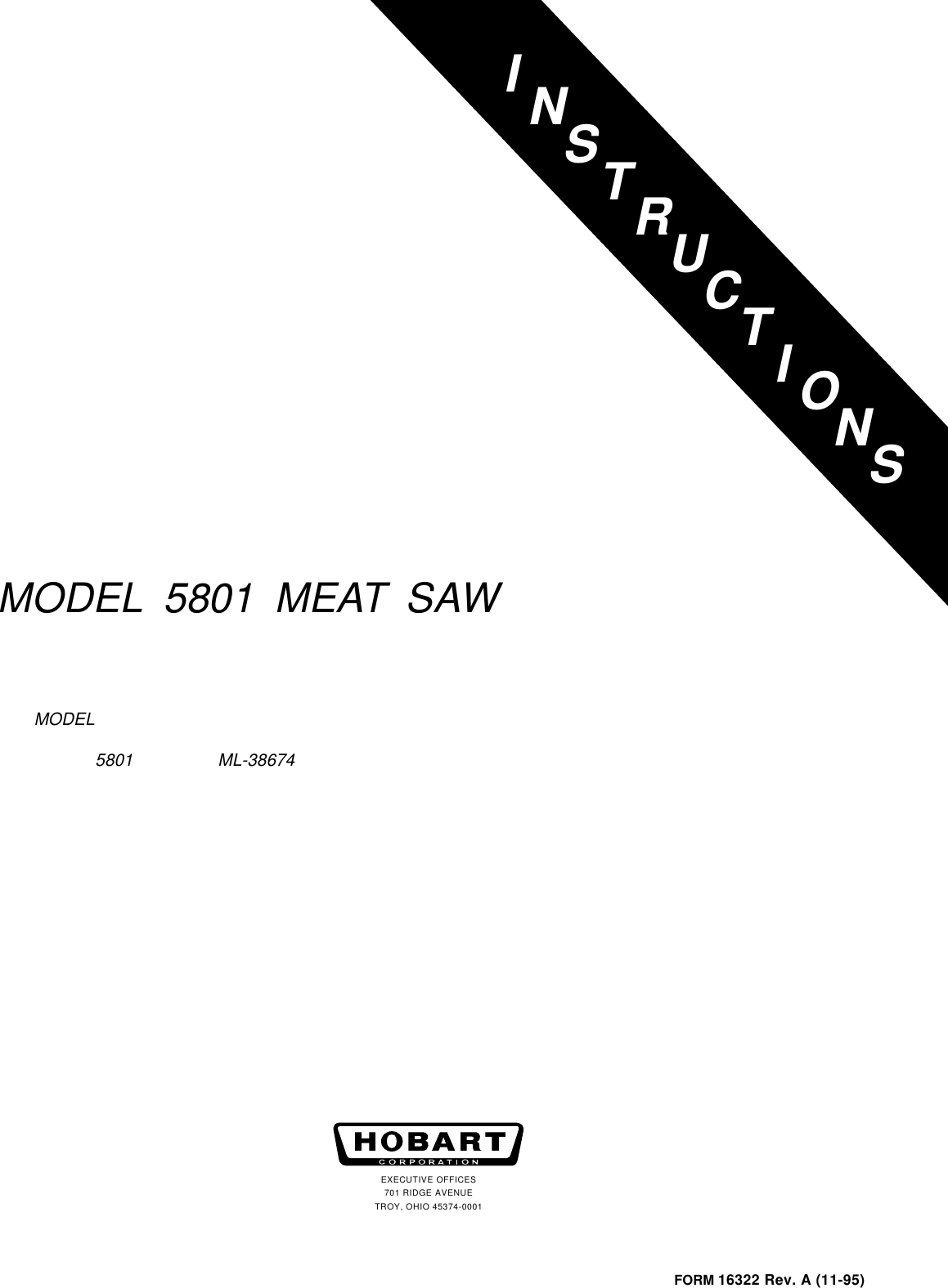 Page 1 of 12 - Hobart Hobart-5801-Users-Manual- F-16322 RevA 5801 Meat Saw  Hobart-5801-users-manual