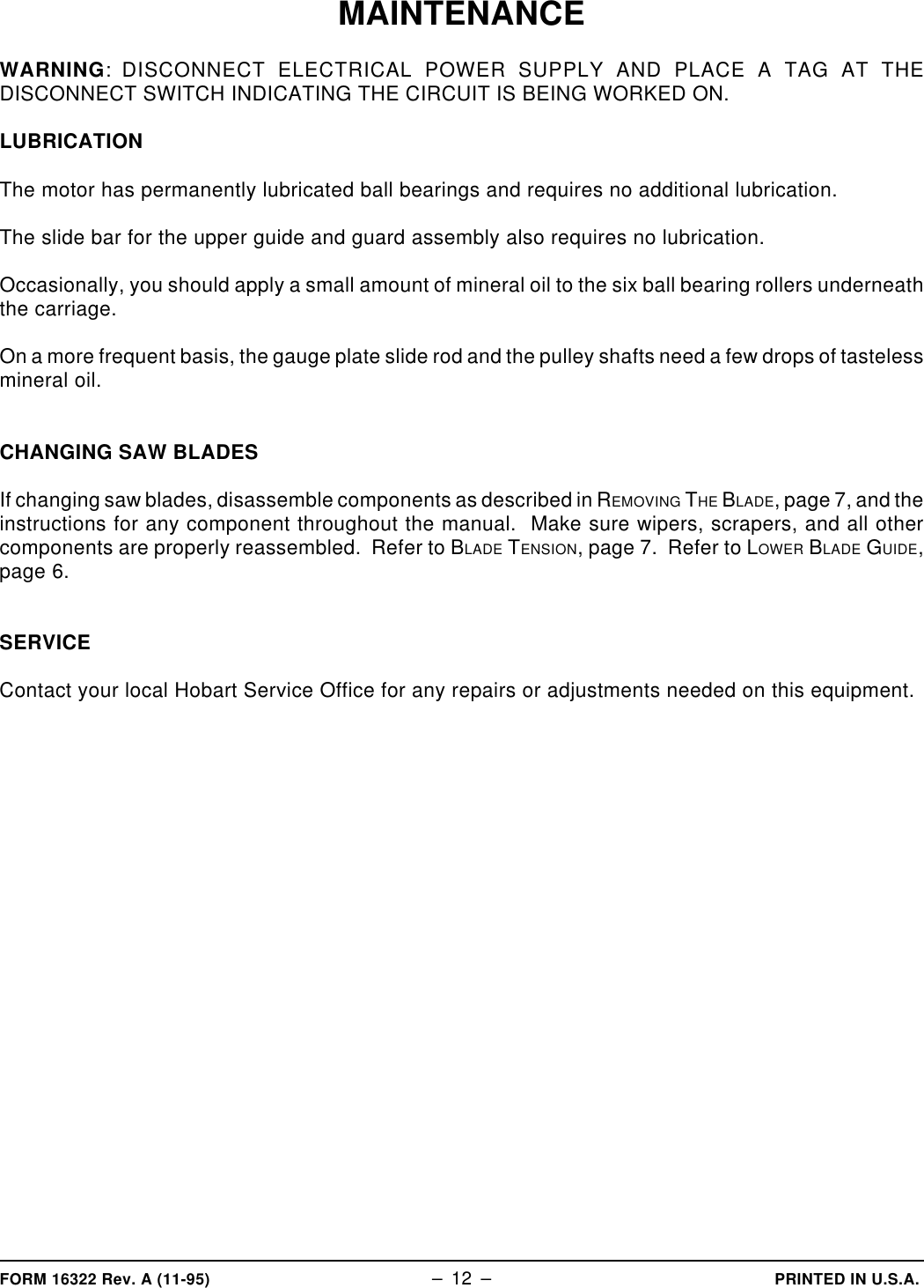 Page 12 of 12 - Hobart Hobart-5801-Users-Manual- F-16322 RevA 5801 Meat Saw  Hobart-5801-users-manual