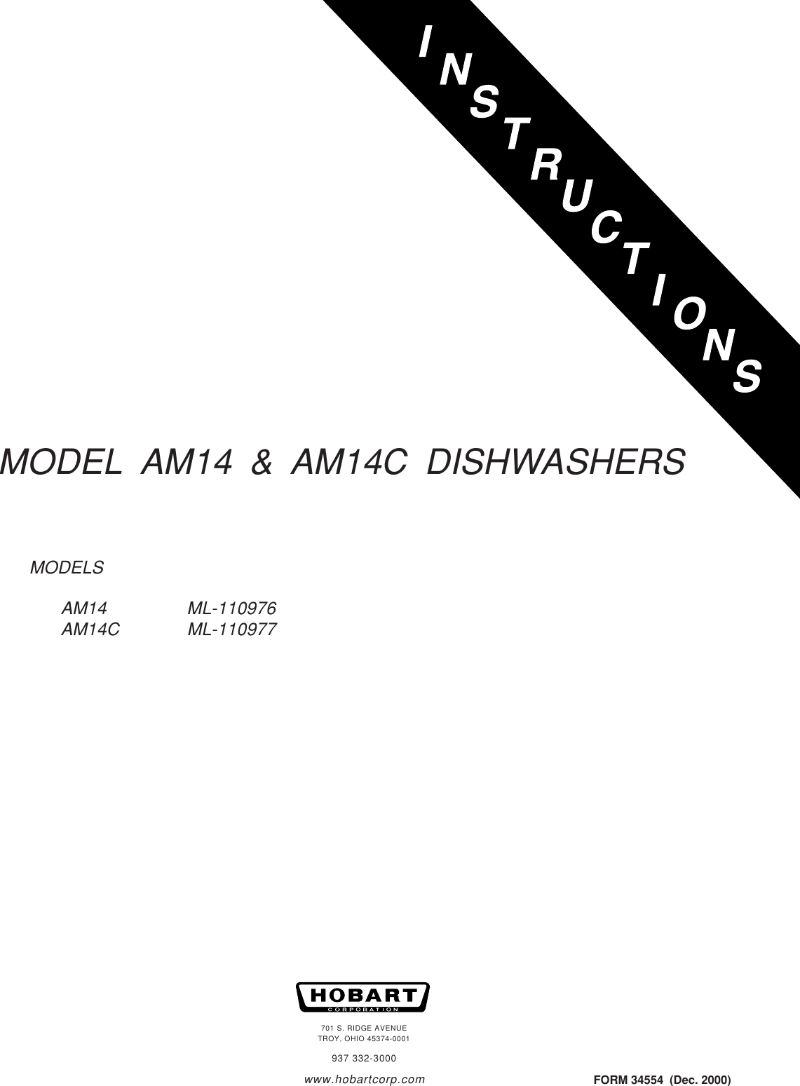 Hobart Am14 Ml 110976 Users Manual F 34554 & AM14C Dishwashers