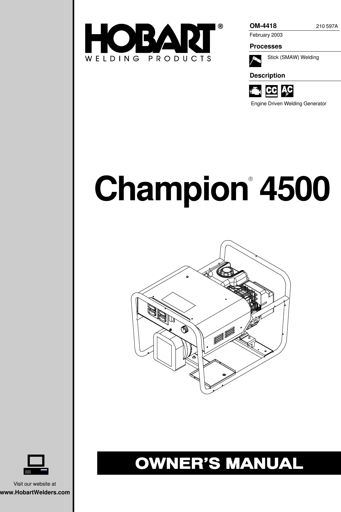 Hobart Champion 4500 Users Manual O4418a Hob