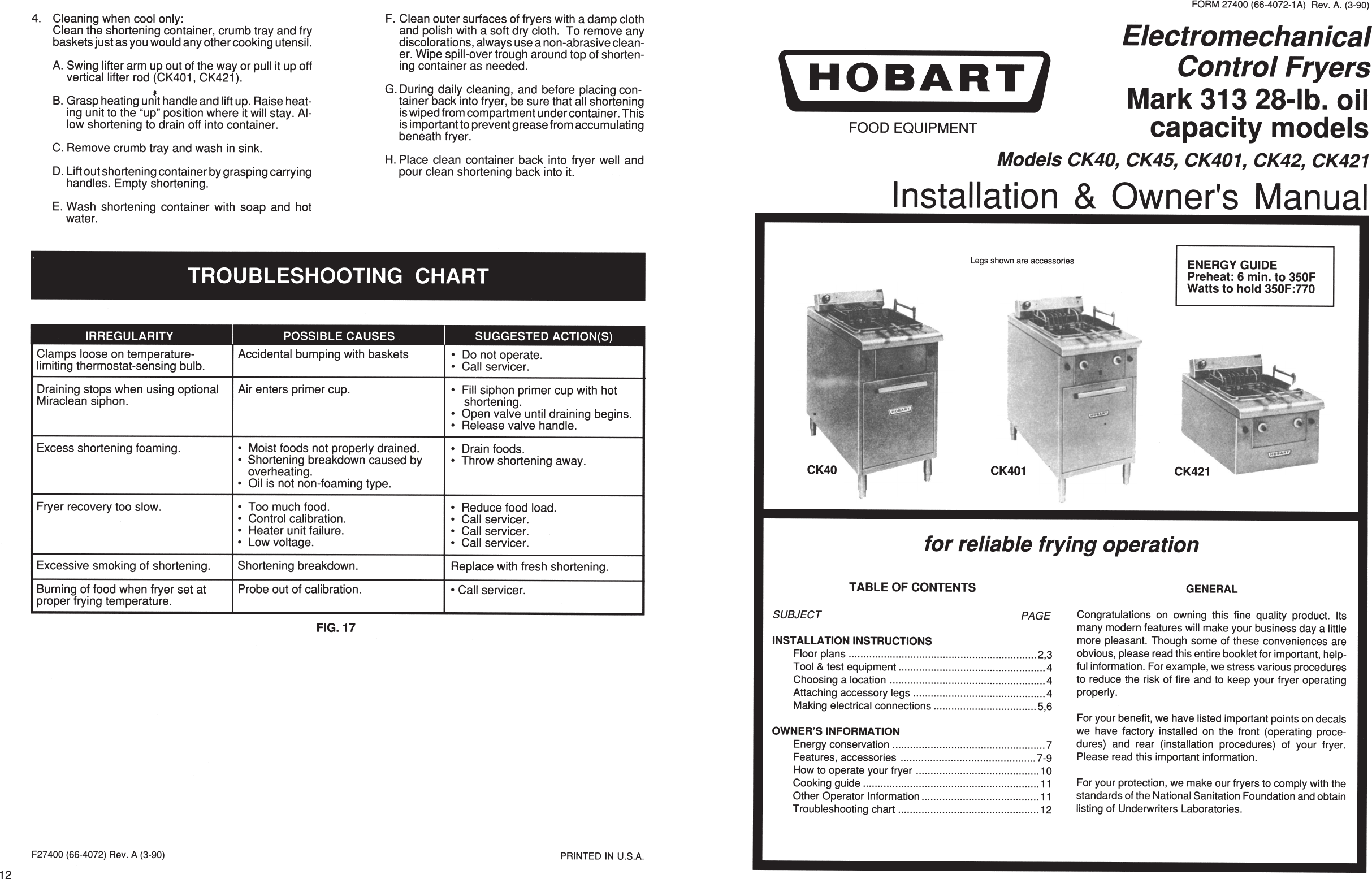 Page 1 of 12 - Hobart Hobart-Corp-Fryer-Ck40-Users-Manual- F27400  Hobart-corp-fryer-ck40-users-manual