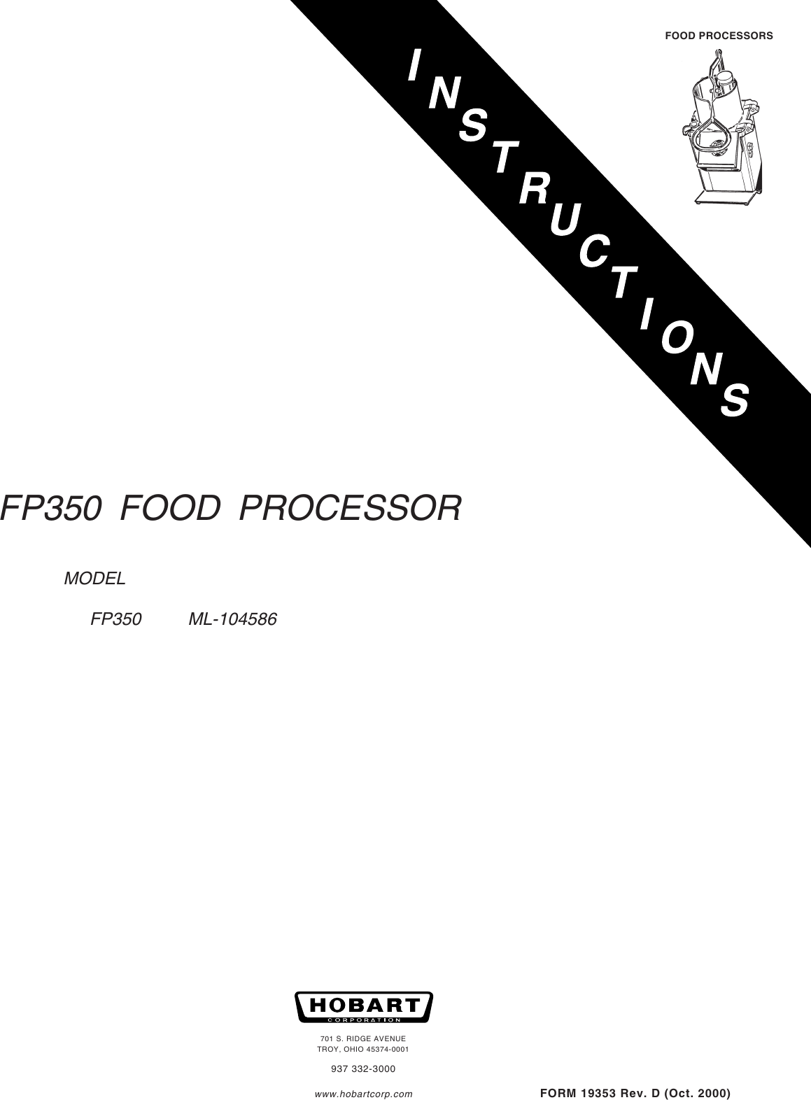 Page 1 of 12 - Hobart Hobart-Ml-104586-Users-Manual- F-19353 FP350 Food Processor  Hobart-ml-104586-users-manual