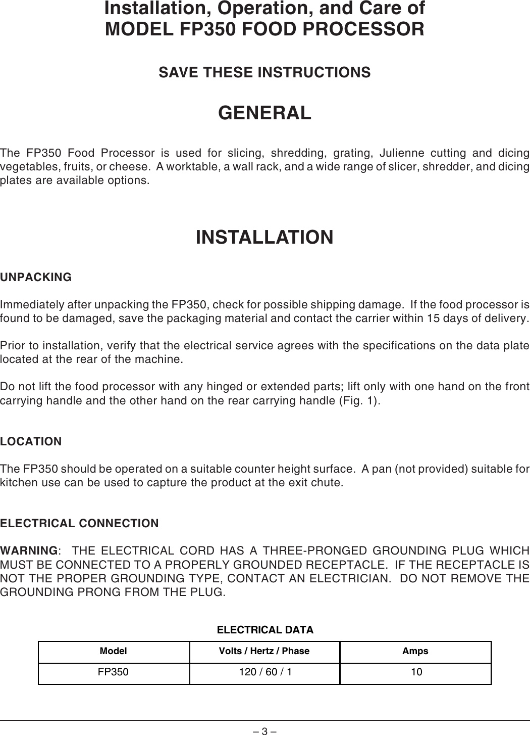 Page 3 of 12 - Hobart Hobart-Ml-104586-Users-Manual- F-19353 FP350 Food Processor  Hobart-ml-104586-users-manual