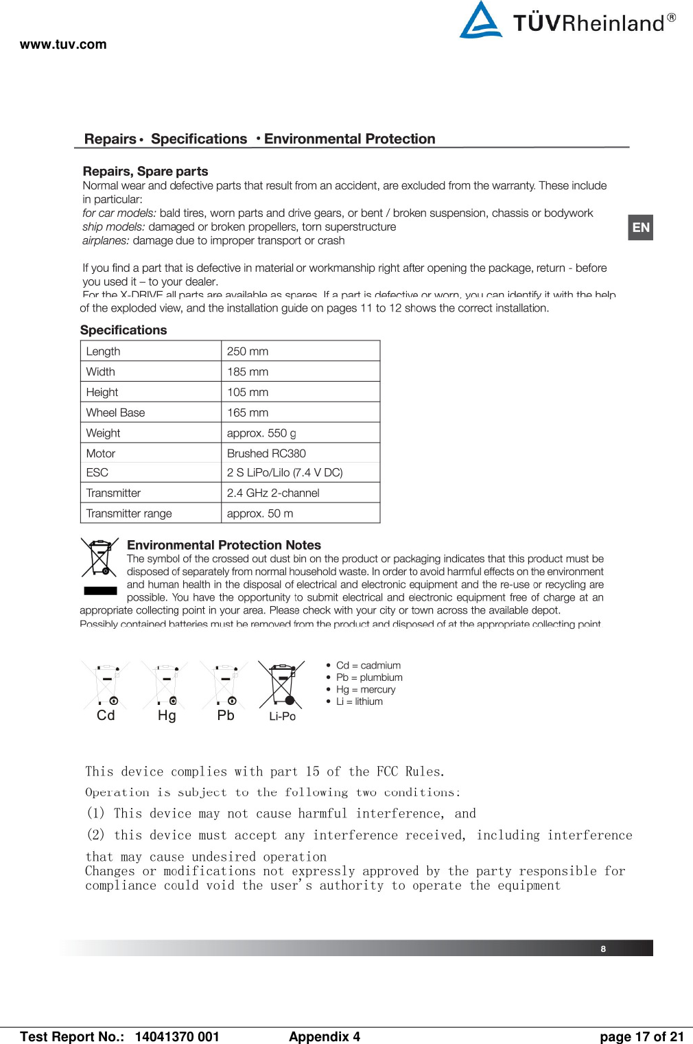 www.tuv.com   Test Report No.:  14041370 001  Appendix 4  page 17 of 21  