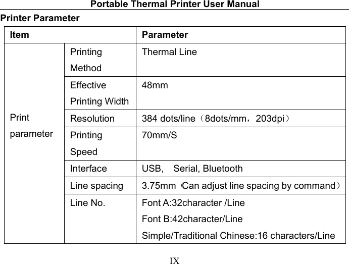 Portable Thermal Printer User ManualIXPrinter ParameterItemParameterPrintparameterPrintingMethodThermal LineEffectivePrinting Width48mmResolution384 dots/line（8dots/mm，203dpi）PrintingSpeed70mm/SInterfaceUSB, Serial, BluetoothLine spacing3.75mm（Can adjust line spacing by command）Line No.Font A:32character /LineFont B:42character/LineSimple/Traditional Chinese:16 characters/Line