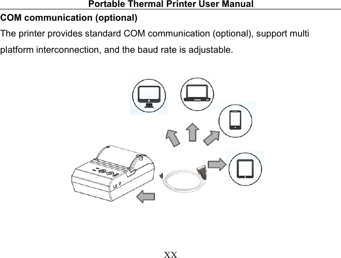 Portable Thermal Printer User ManualXXCOM communication (optional)The printer provides standard COM communication (optional), support multiplatform interconnection, and the baud rate is adjustable.