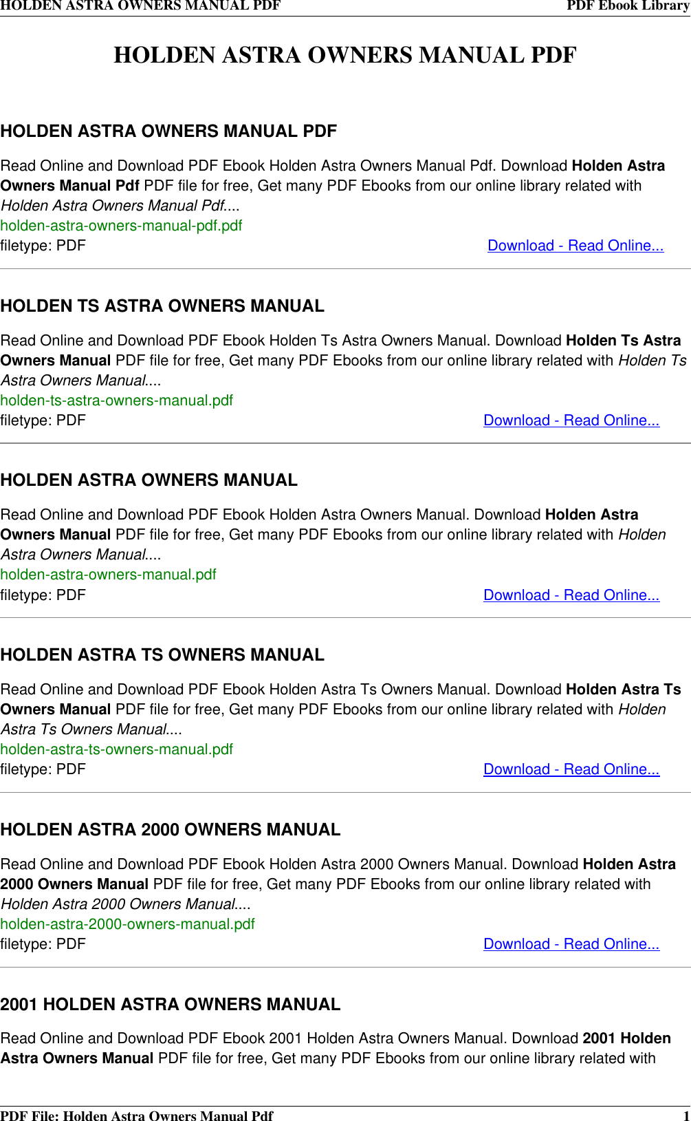 Page 1 of 4 - Holden Holden-Holden-Automobile-2001-Users-Manual- ASTRA OWNERS MANUAL PDF  Holden-holden-automobile-2001-users-manual