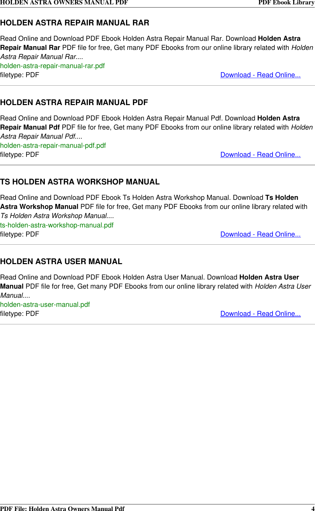 Page 4 of 4 - Holden Holden-Holden-Automobile-2001-Users-Manual- ASTRA OWNERS MANUAL PDF  Holden-holden-automobile-2001-users-manual