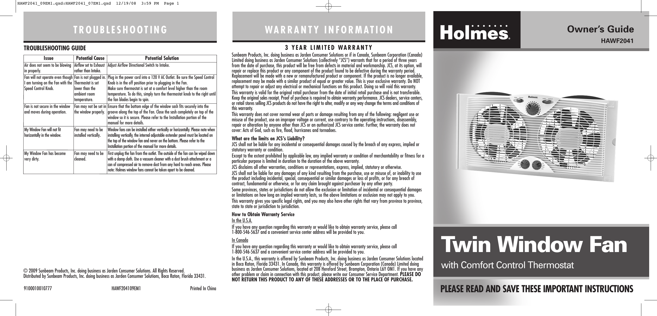 Page 1 of 2 - Holmes HAWF2041 HAWF2041_09EM1 User Manual  To The 080940db-4ebc-4c04-8e37-1626e548f2b4