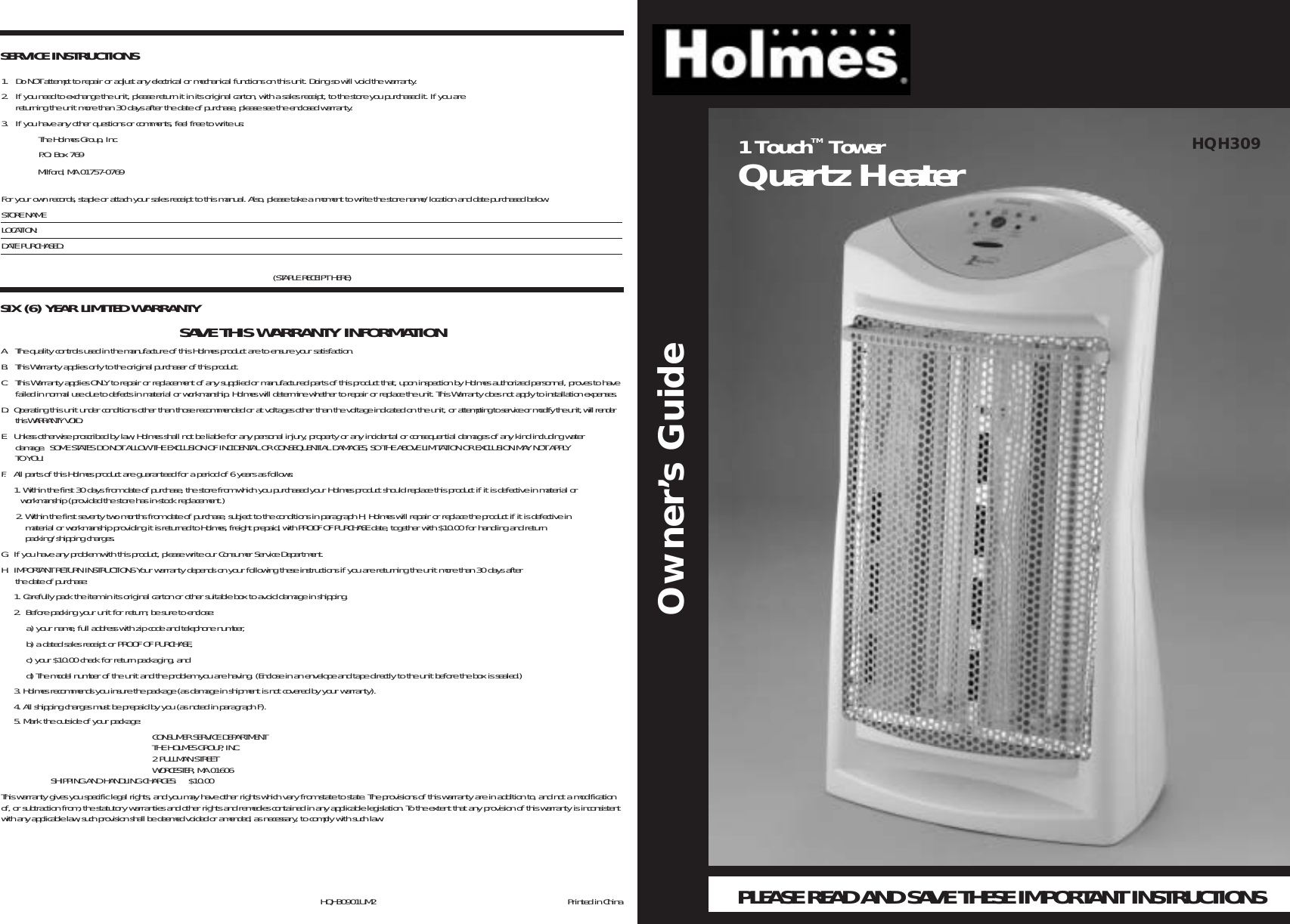 Page 4 of 4 - Holmes Holmes-1Touchtm-Tower-Quartz-Heater-Hqh309-Users-Manual- HQH30901UM2  Holmes-1touchtm-tower-quartz-heater-hqh309-users-manual