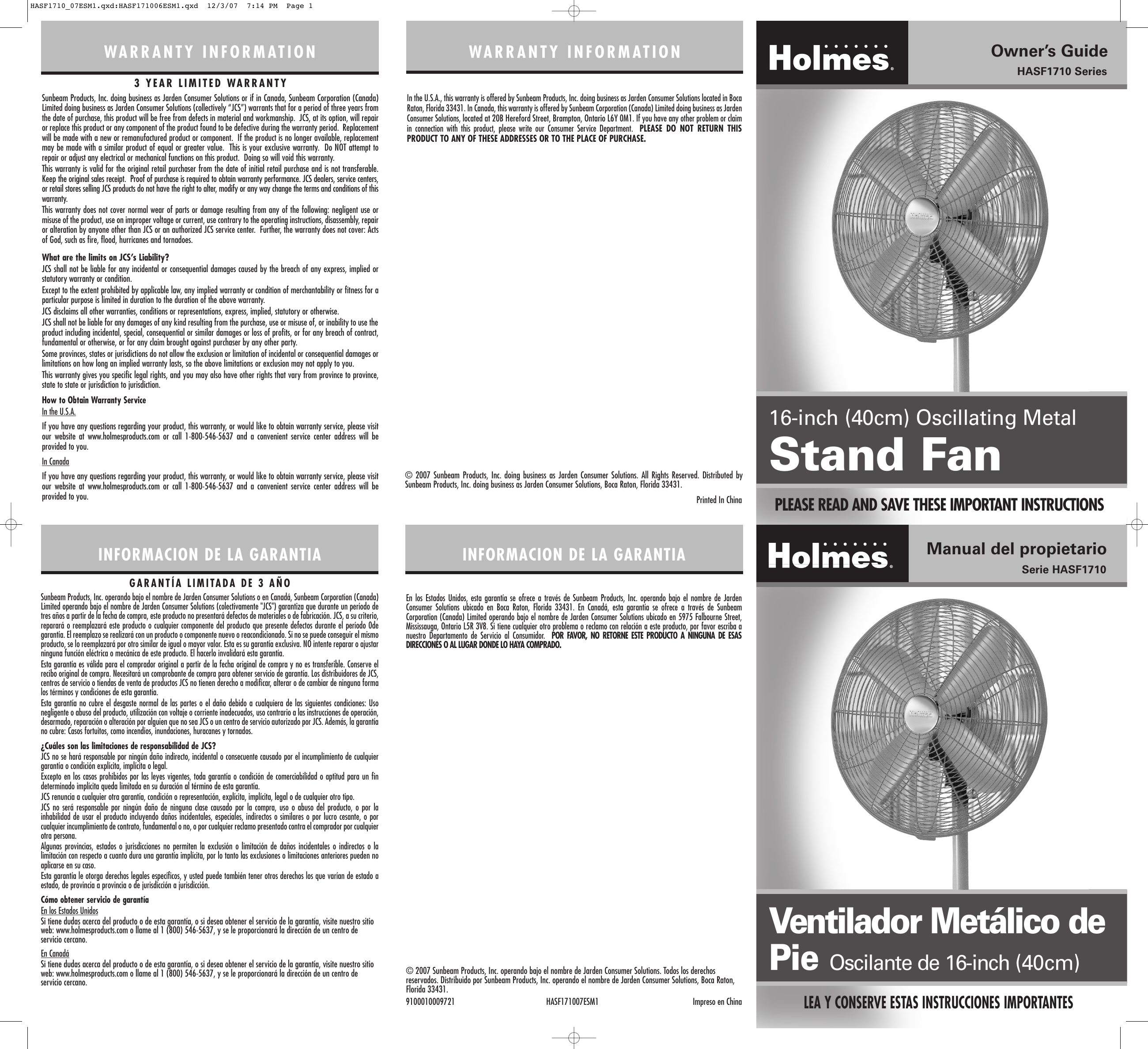 Page 1 of 2 - Holmes Holmes-Hasf-1710-Users-Manual- HASF1710_07ESM1  Holmes-hasf-1710-users-manual