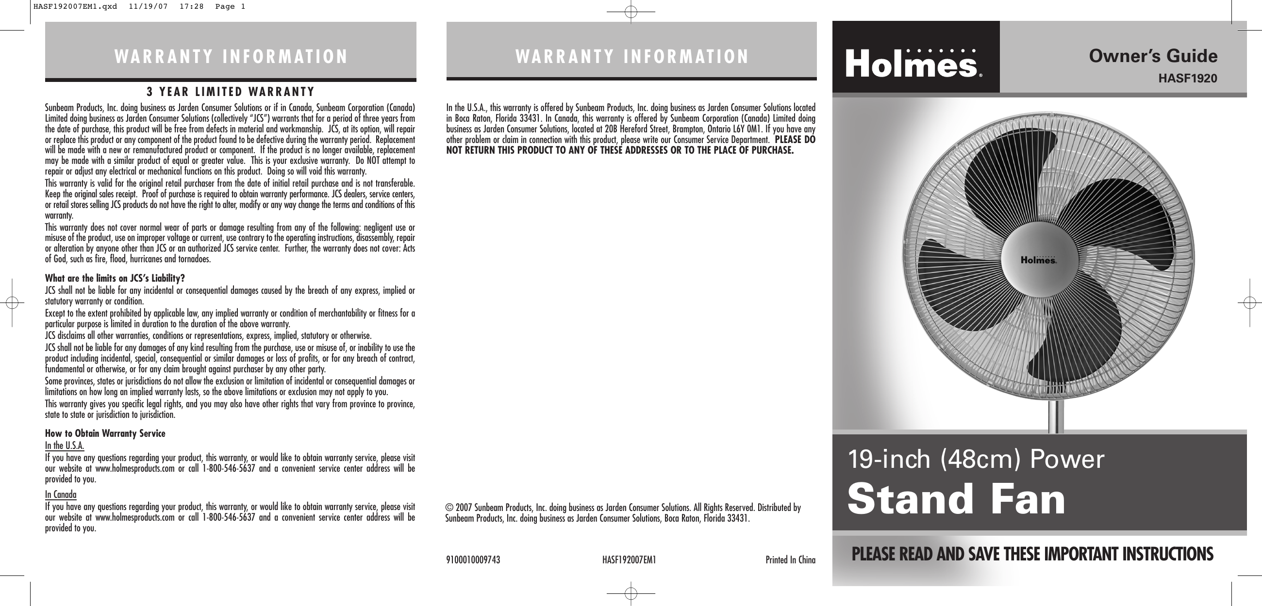 Page 1 of 2 - Holmes Holmes-Hasf1920-Users-Manual- HASF192007EM1  Holmes-hasf1920-users-manual