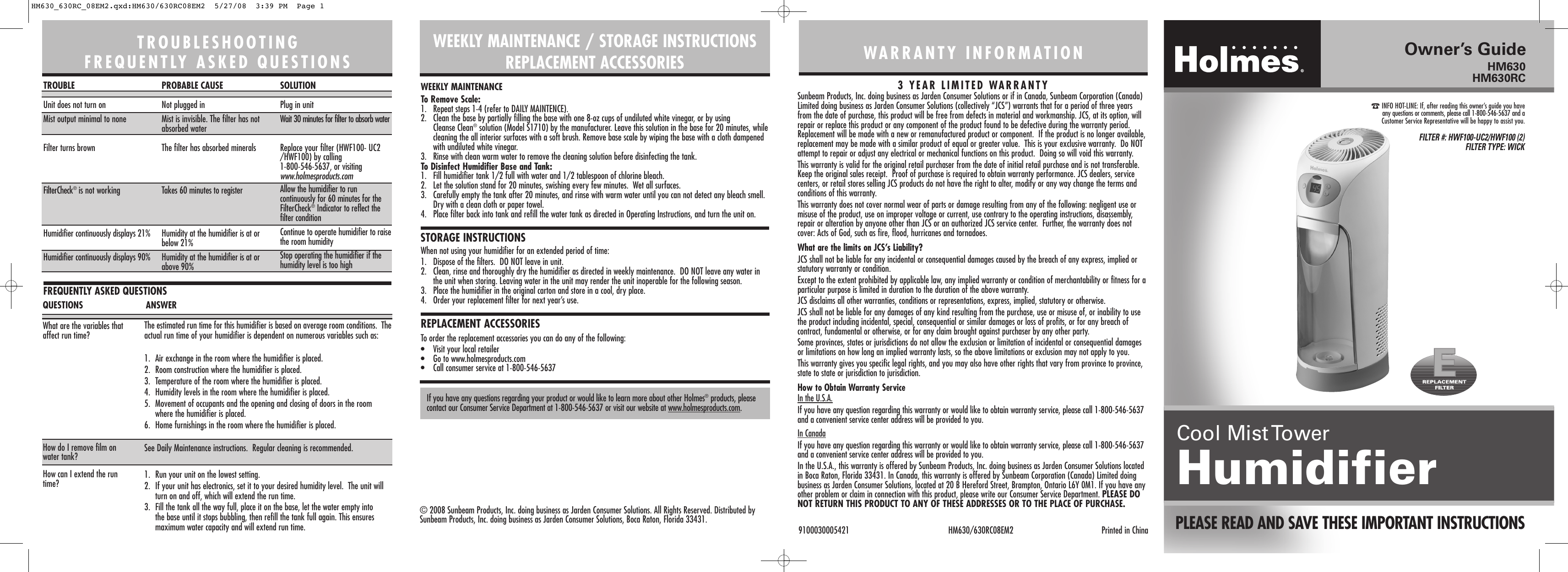 Page 1 of 2 - Holmes Holmes-Hm630-U-Users-Manual- HM630_630RC_08EM2  Holmes-hm630-u-users-manual