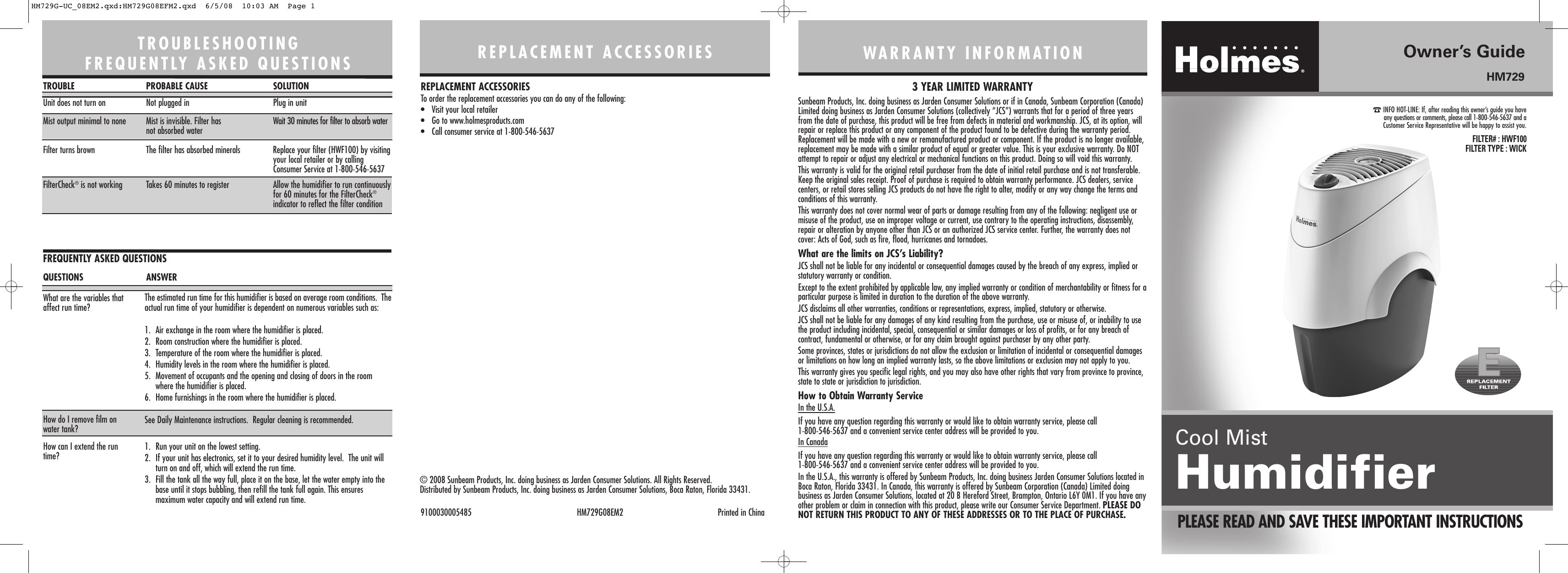 Page 1 of 2 - Holmes Holmes-Hm729-Users-Manual- HM729G-UC_08EM2  Holmes-hm729-users-manual