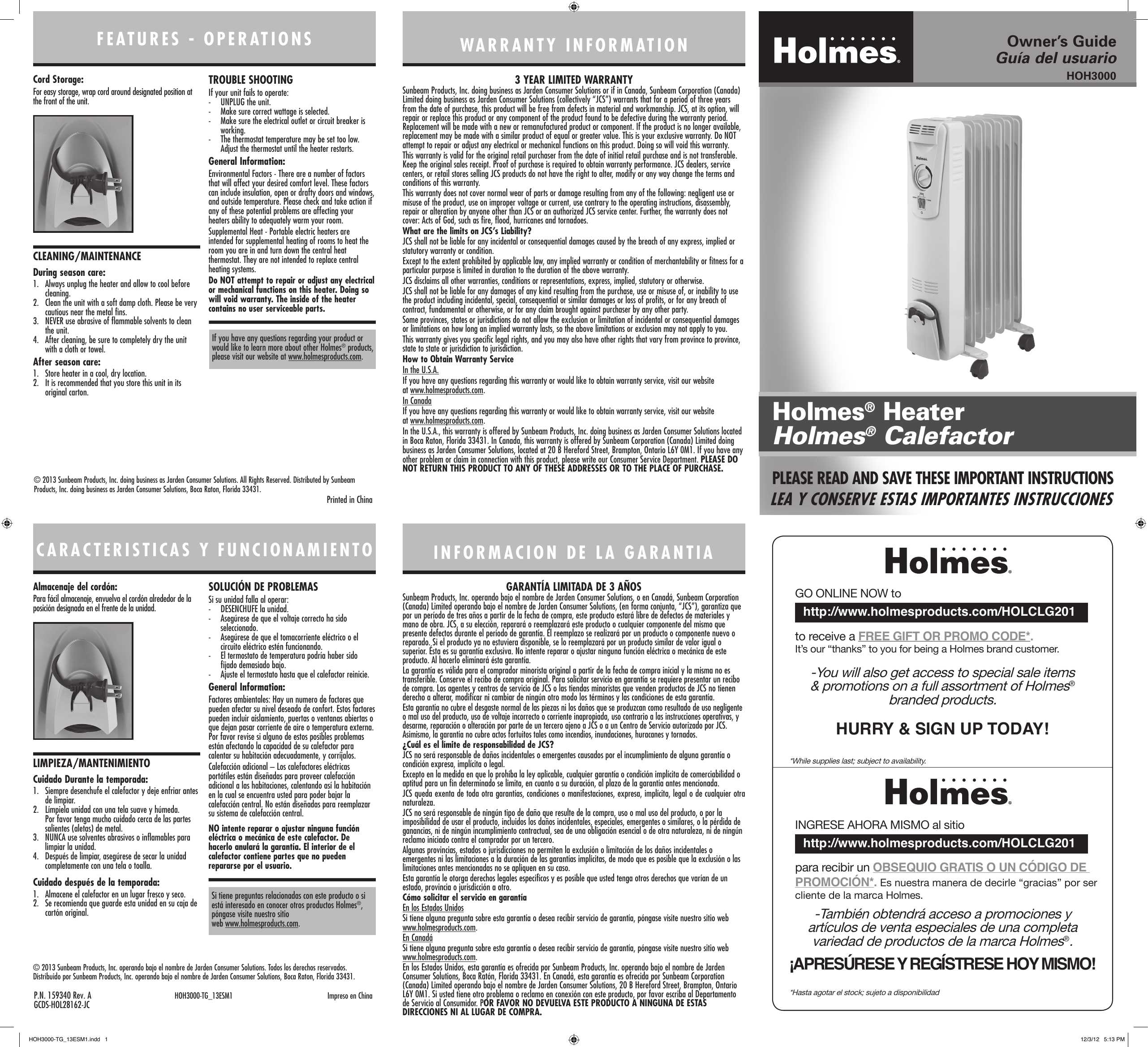 Page 1 of 2 - Holmes Holmes-Holmes-Electric-Heater-Hoh3000-Users-Manual-  Holmes-holmes-electric-heater-hoh3000-users-manual