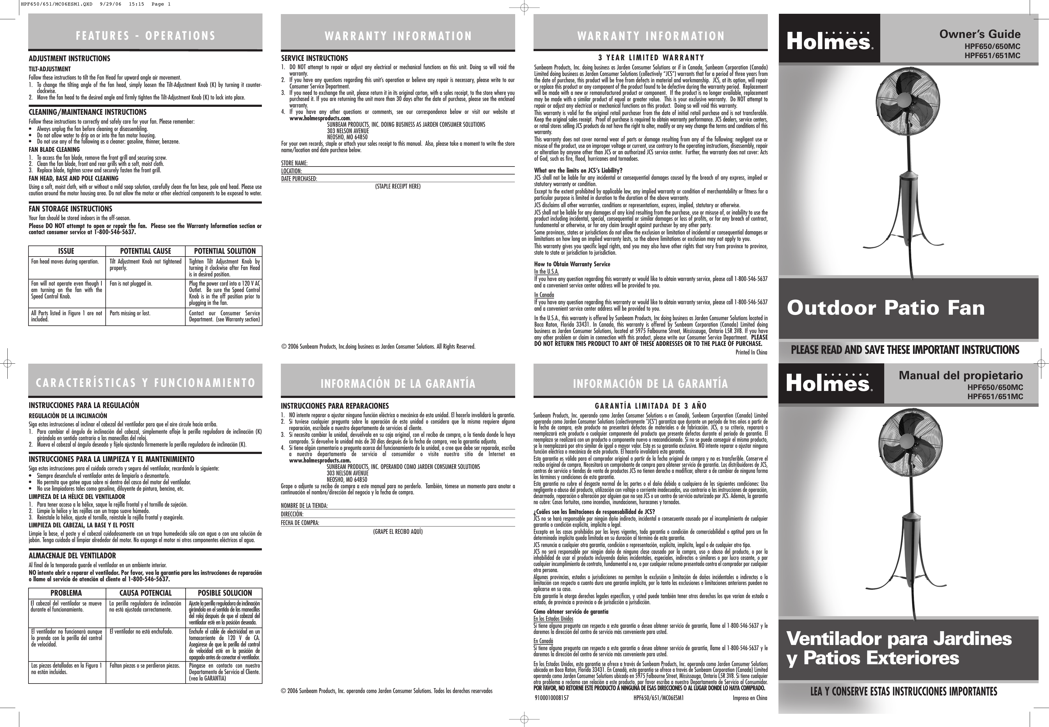 Page 1 of 2 - Holmes Holmes-Hpf650-Users-Manual- HPF650/651/MC06ESM1  Holmes-hpf650-users-manual