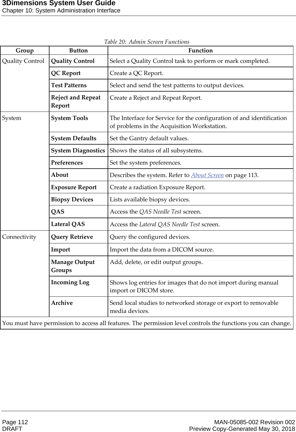 3Dimensions System User GuideChapter 10: System Administration InterfacePage 112 MAN-05085-002 Revision 002  DRAFT Preview Copy-Generated May 30, 2018Table 20: Admin Screen Functions Group Button  Function Quality Control  Quality Control Select a Quality Control task to perform or mark completed. QC Report Create a QC Report. Test Patterns Select and send the test patterns to output devices. Reject and Repeat Report Create a Reject and Repeat Report. System  System Tools The Interface for Service for the configuration of and identification of problems in the Acquisition Workstation. System Defaults Set the Gantry default values. System Diagnostics Shows the status of all subsystems. Preferences Set the system preferences. About Describes the system. Refer to About Screen on page 113. Exposure Report Create a radiation Exposure Report. Biopsy Devices Lists available biopsy devices. QAS Access the QAS Needle Test screen. Lateral QAS Access the Lateral QAS Needle Test screen. Connectivity  Query Retrieve Query the configured devices. Import Import the data from a DICOM source. Manage Output Groups Add, delete, or edit output groups. Incoming Log Shows log entries for images that do not import during manual import or DICOM store. Archive Send local studies to networked storage or export to removable media devices. You must have permission to access all features. The permission level controls the functions you can change.  