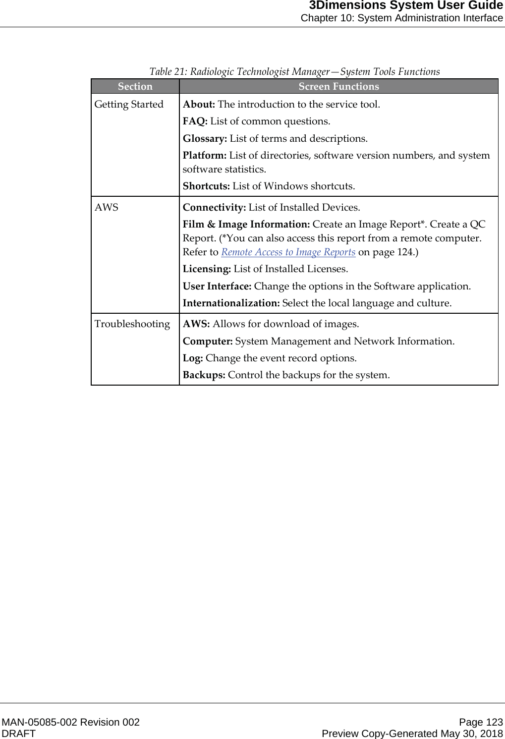 3Dimensions System User GuideChapter 10: System Administration InterfaceMAN-05085-002 Revision 002 Page 123DRAFT Preview Copy-Generated May 30, 2018Table 21: Radiologic Technologist Manager—System Tools Functions Section  Screen Functions Getting Started  About: The introduction to the service tool. FAQ: List of common questions. Glossary: List of terms and descriptions. Platform: List of directories, software version numbers, and system software statistics. Shortcuts: List of Windows shortcuts. AWS  Connectivity: List of Installed Devices. Film &amp; Image Information: Create an Image Report*. Create a QC Report. (*You can also access this report from a remote computer. Refer to Remote Access to Image Reports on page 124.) Licensing: List of Installed Licenses. User Interface: Change the options in the Software application. Internationalization: Select the local language and culture. Troubleshooting  AWS: Allows for download of images. Computer: System Management and Network Information. Log: Change the event record options. Backups: Control the backups for the system.    