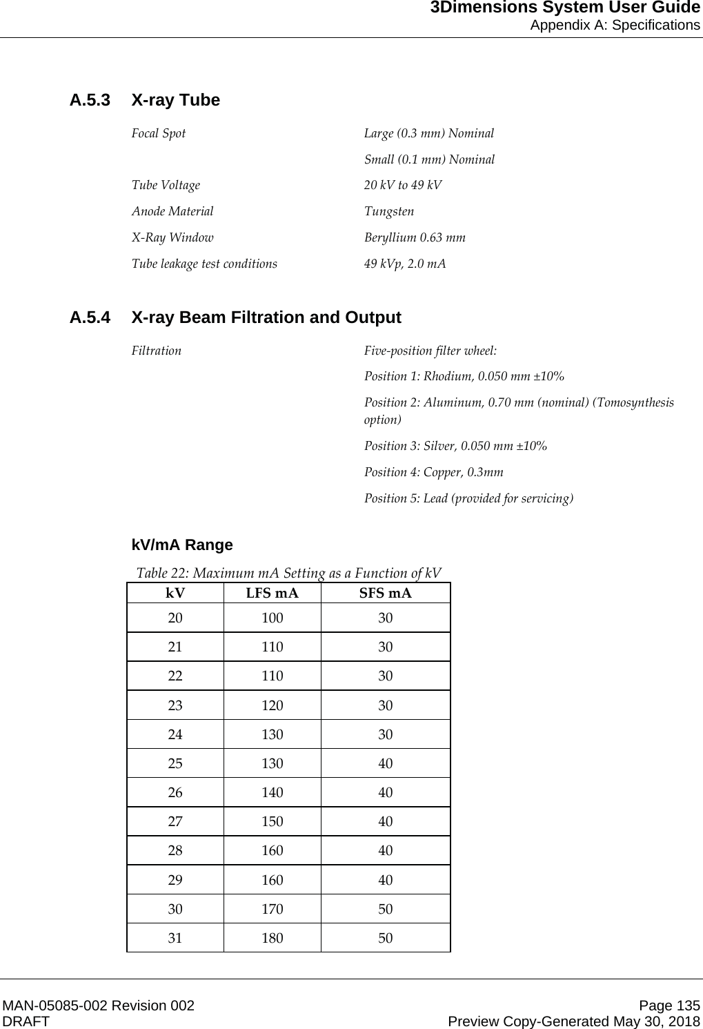 3Dimensions System User GuideAppendix A: SpecificationsMAN-05085-002 Revision 002 Page 135DRAFT Preview Copy-Generated May 30, 2018A.5.3 X-ray Tube Focal Spot  Large (0.3 mm) Nominal Small (0.1 mm) Nominal Tube Voltage  20 kV to 49 kV Anode Material  Tungsten X-Ray Window  Beryllium 0.63 mm Tube leakage test conditions  49 kVp, 2.0 mA     A.5.4  X-ray Beam Filtration and Output Filtration Five-position filter wheel: Position 1: Rhodium, 0.050 mm ±10% Position 2: Aluminum, 0.70 mm (nominal) (Tomosynthesis option) Position 3: Silver, 0.050 mm ±10% Position 4: Copper, 0.3mm Position 5: Lead (provided for servicing)    kV/mA RangeTable 22: Maximum mA Setting as a Function of kV kV  LFS mA  SFS mA 20 100  30 21 110  30 22 110  30 23 120  30 24 130  30 25 130  40 26 140  40 27 150  40 28 160  40 29 160  40 30 170  50 31 180  50 