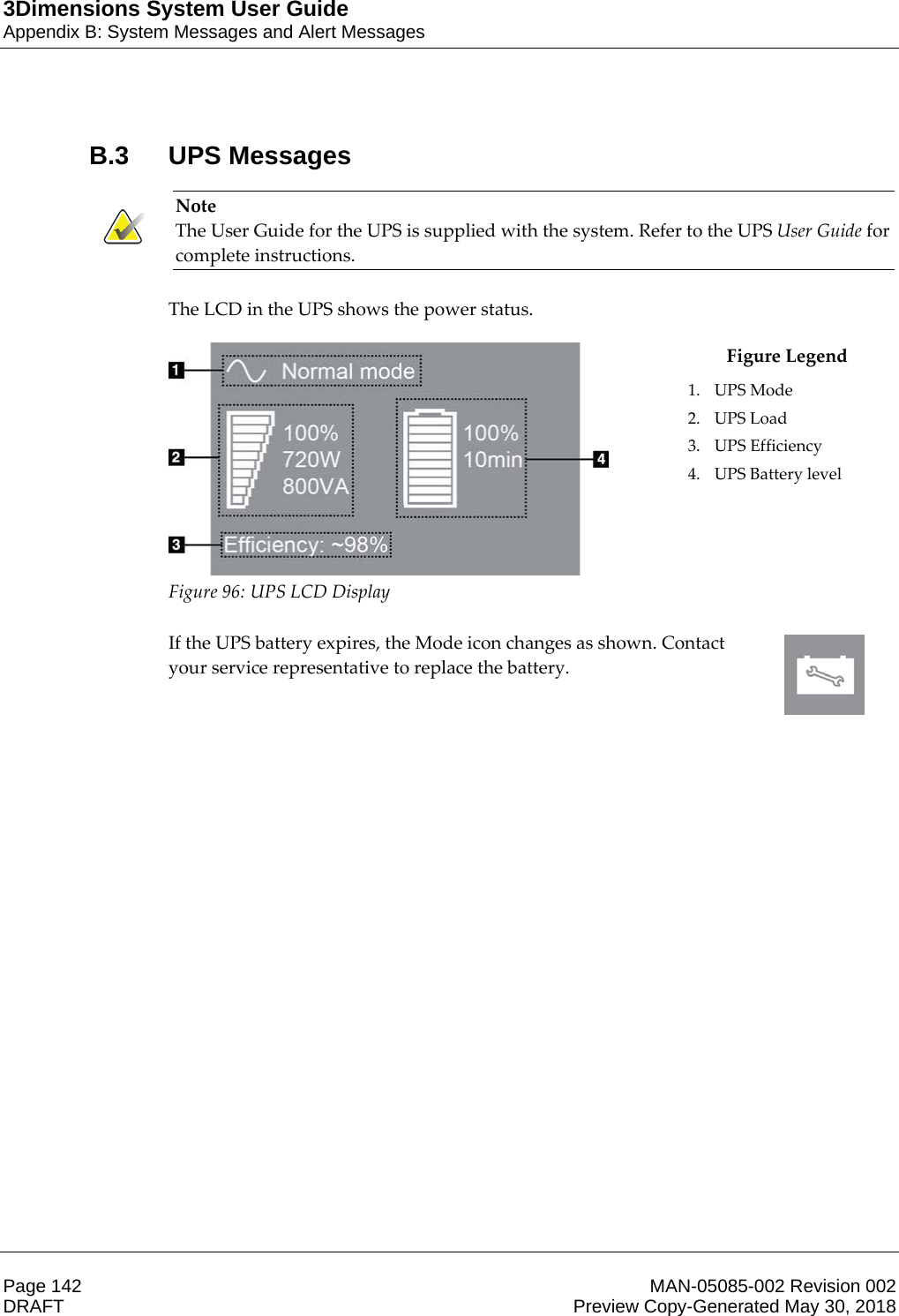 3Dimensions System User GuideAppendix B: System Messages and Alert MessagesPage 142 MAN-05085-002 Revision 002  DRAFT Preview Copy-Generated May 30, 2018B.3 UPS Messages Note The User Guide for the UPS is supplied with the system. Refer to the UPS User Guide for complete instructions.    The LCD in the UPS shows the power status.  Figure 96: UPS LCD Display Figure Legend 1. UPS Mode 2. UPS Load 3. UPS Efficiency 4. UPS Battery level  If the UPS battery expires, the Mode icon changes as shown. Contact your service representative to replace the battery.    