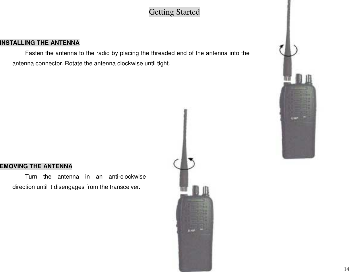 Getting Started14INSTALLING THE ANTENNAFasten the antenna to the radio by placing the threaded end of the antenna into theantenna connector. Rotate the antenna clockwise until tight.EMOVING THE ANTENNATurn the antenna in an anti-clockwisedirection until it disengages from the transceiver.