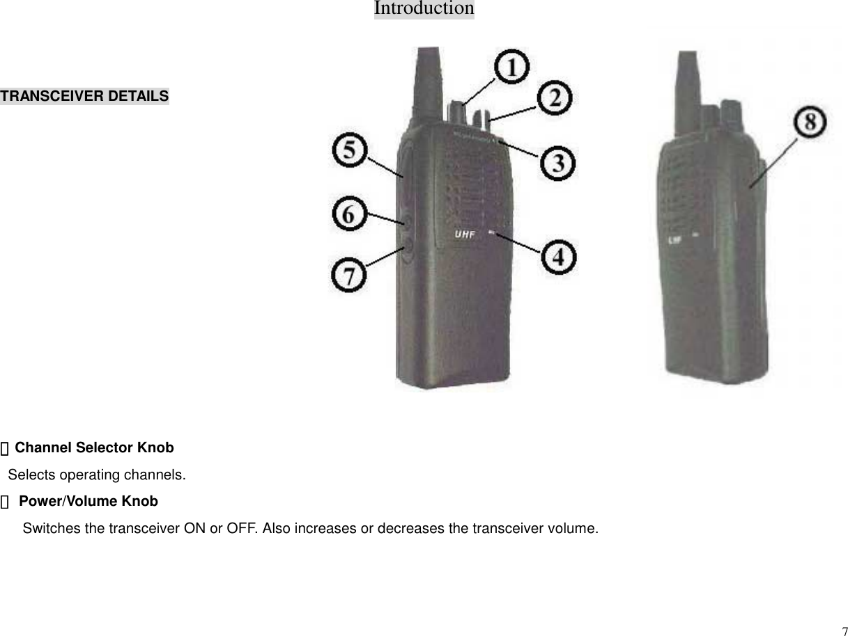 Introduction7TRANSCEIVER DETAILS①①①①Channel Selector Knob  Selects operating channels.②②②② Power/Volume KnobSwitches the transceiver ON or OFF. Also increases or decreases the transceiver volume.