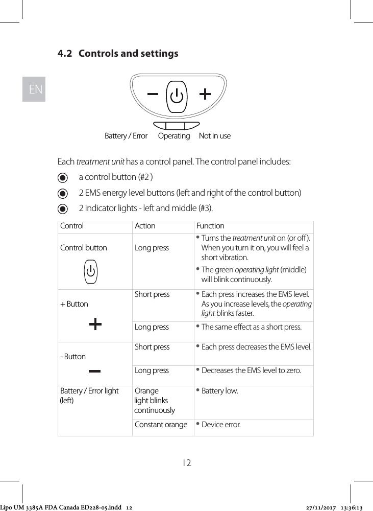 ENEN124.2   Controls and settingsEach treatment unit has a control panel. The control panel includes: Ua control button (#2 ) U2 EMS energy level buttons (left and right of the control button) U2 indicator lights - left and middle (#3).Control Action FunctionControl button Long press yTurns the treatment unit on (or o ). When you turn it on, you will feel a short vibration. yThe green operating light (middle) will blink continuously.+ ButtonShort press  yEach press increases the EMS level. As you increase levels, the operating light blinks faster.Long press  yThe same eect as a short press.- ButtonShort press  yEach press decreases the EMS level.Long press  yDecreases the EMS level to zero.Battery / Error light (left) Orange light blinks continuously yBattery low.Constant orange  yDevice error.Battery / Error Operating Not in useLipo UM 3385A FDA Canada ED228-05.indd   12 27/11/2017   13:36:13