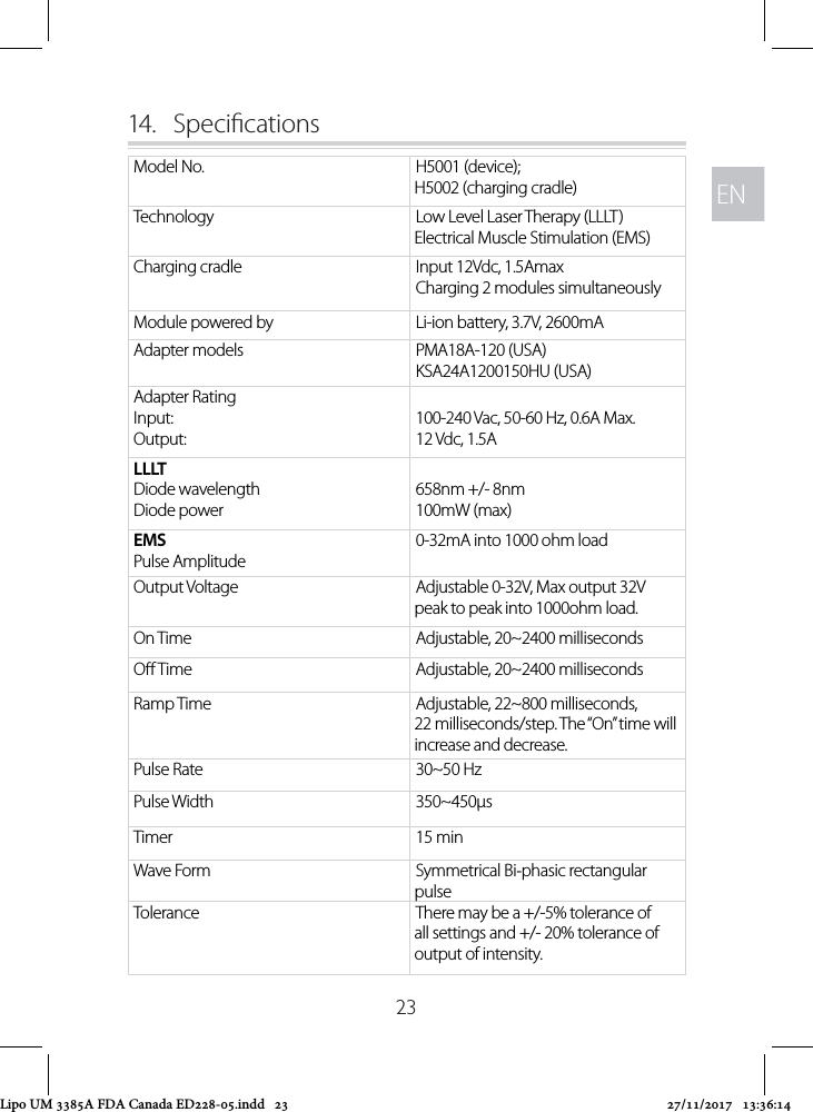ENEN2314.  Specications Model No. H5001 (device); H5002 (charging cradle)Technology Low Level Laser Therapy (LLLT) Electrical Muscle Stimulation (EMS)Charging cradle Input 12Vdc, 1.5AmaxCharging 2 modules simultaneouslyModule powered by Li-ion battery, 3.7V, 2600mAAdapter models PMA18A-120 (USA)KSA24A1200150HU (USA)Adapter RatingInput:Output:100-240 Vac, 50-60 Hz, 0.6A Max.12 Vdc, 1.5ALLLT Diode wavelengthDiode power658nm +/- 8nm100mW (max)EMSPulse Amplitude0-32mA into 1000 ohm loadOutput Voltage Adjustable 0-32V, Max output 32V peak to peak into 1000ohm load.On Time Adjustable, 20~2400 millisecondsO Time Adjustable, 20~2400 millisecondsRamp Time Adjustable, 22~800 milliseconds, 22 milliseconds/step. The “On” time will increase and decrease.Pulse Rate 30~50 HzPulse Width 350~450µsTimer  15 minWave Form Symmetrical Bi‐phasic rectangular pulseTolerance There may be a +/-5% tolerance of all settings and +/- 20% tolerance of output of intensity.Lipo UM 3385A FDA Canada ED228-05.indd   23 27/11/2017   13:36:14