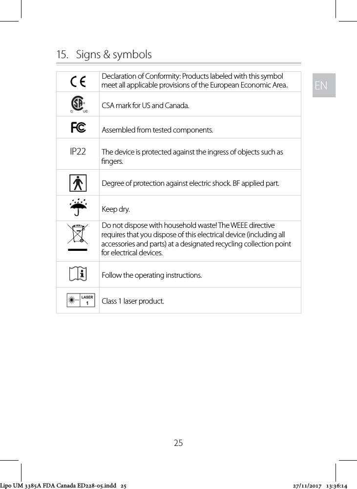 ENEN2515.  Signs &amp; symbolsDeclaration of Conformity: Products labeled with this symbol meet all applicable provisions of the European Economic Area.CSA mark for US and Canada.Assembled from tested components.IP22 The device is protected against the ingress of objects such as ngers.Degree of protection against electric shock. BF applied part.Keep dry.Do not dispose with household waste! The WEEE directive requires that you dispose of this electrical device (including all accessories and parts) at a designated recycling collection point for electrical devices.Follow the operating instructions.Class 1 laser product.Lipo UM 3385A FDA Canada ED228-05.indd   25 27/11/2017   13:36:14