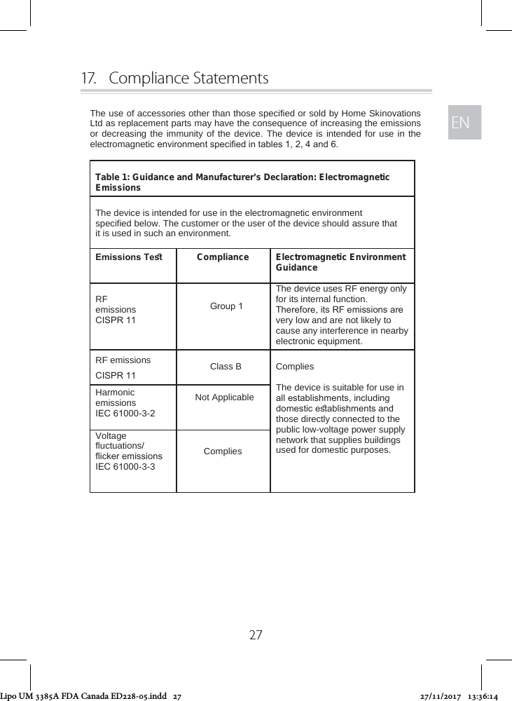 ENEN2717.   Compliance StatementsThe use of accessories other than those specified or sold by Home Skinovations Ltd as replacement parts may have the consequence of increasing the emissions or decreasing the immunity of the device. The device is intended for use in the electromagnetic environment speciﬁed in tables 1, 2, 4 and 6.  Table 1: Guidance and Manufacturer’s Declaration: Electromagnetic Emissions  The device is intended for use in the electromagnetic environment specified below. The customer or the user of the device should assure that it is used in such an environment. Emissions Teﬆ  Compliance  Electromagnetic Environment Guidance  RF emissions CISPR 11     Group 1 The device uses RF energy only for its internal function. Therefore, its RF emissions are very low and are not likely to cause any interference in nearby electronic equipment. RF emissions  Class B  Complies  The device is suitable for use in all establishments, including domestic eﬆablishments and those directly connected to the public low-voltage power supply network that supplies buildings used for domestic purposes. CISPR 11 Harmonic emissions IEC 61000-3-2    Not Applicable Voltage fluctuations/ ﬂicker emissions IEC 61000-3-3  Complies Lipo UM 3385A FDA Canada ED228-05.indd   27 27/11/2017   13:36:14