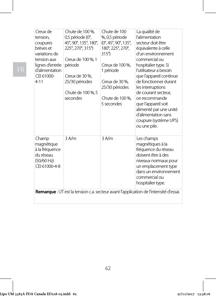 FRFR62Creux de tension, coupures brèves et variations de tension aux lignes d’entrée d’alimentationCEI 61000-4-11Chute de 100 %, 0,5 période (0°, 45°, 90°, 135°, 180°, 225°, 270°, 315°)Creux de 100 %, 1 périodeCreux de 30 %, 25/30 périodesChute de 100 %, 5 secondesChute de 100 %, 0,5 période (0°, 45°, 90°, 135°, 180°, 225°, 270°, 315°)Creux de 100 %, 1 périodeCreux de 30 %, 25/30 périodesChute de 100 %, 5 secondesLa qualité de l’alimentation secteur doit être équivalente à celle d’un environnement commercial ou hospitalier type. Si l’utilisateur a besoin que l’appareil continue de fonctionner durant les interruptions de courant secteur, on recommande que l’appareil soit alimenté par une unité d’alimentation sans coupure (système UPS) ou une pile.Champ magnétique à la fréquence du réseau (50/60 Hz)CEI 61000-4-83 A/m 3 A/m Les champs magnétiques à la fréquence du réseau doivent être à des niveaux normaux pour un emplacement type dans un environnement commercial ou hospitalier type.Remarque : UT est la tension c.a. secteur avant l&apos;application de l&apos;intensité d&apos;essai.Lipo UM 3385A FDA Canada ED228-05.indd   62 27/11/2017   13:36:16