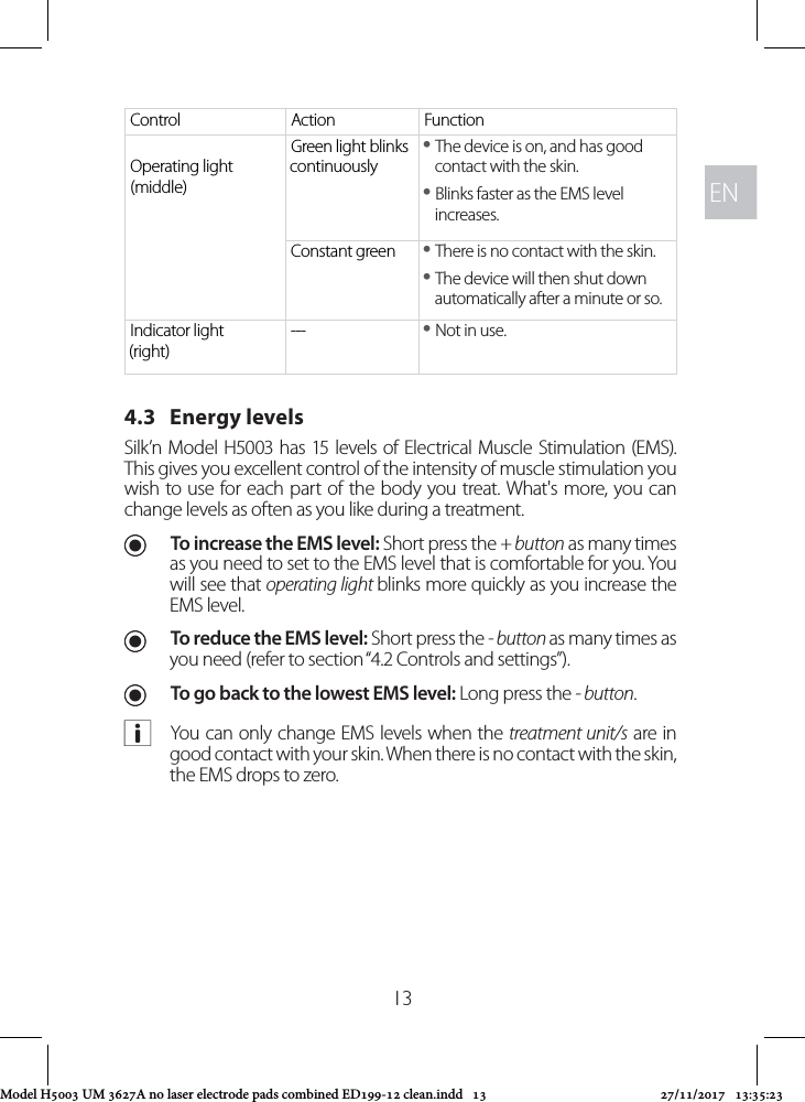 ENEN13Control Action FunctionOperating light (middle)Green light blinks continuously yThe device is on, and has good contact with the skin. yBlinks faster as the EMS level increases.Constant green  yThere is no contact with the skin.  yThe device will then shut down automatically after a minute or so.Indicator light (right)---  yNot in use.4.3   Energy levels Silk’n Model H5003 has 15 levels of Electrical Muscle Stimulation (EMS). This gives you excellent control of the intensity of muscle stimulation you wish to use for each part of the body you treat. What&apos;s more, you can change levels as often as you like during a treatment. UTo increase the EMS level: Short press the + button as many times as you need to set to the EMS level that is comfortable for you. You will see that operating light blinks more quickly as you increase the EMS level.  UTo reduce the EMS level: Short press the - button as many times as you need (refer to section “4.2 Controls and settings”).  UTo go back to the lowest EMS level: Long press the - button. aYou can only change EMS levels when the treatment unit/s are in good contact with your skin. When there is no contact with the skin, the EMS drops to zero. Model H5003 UM 3627A no laser electrode pads combined ED199-12 clean.indd   13 27/11/2017   13:35:23