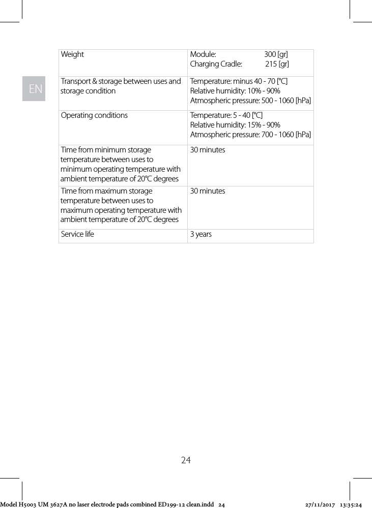 ENEN24Weight Module:                          300 [gr]Charging Cradle:  215 [gr]Transport &amp; storage between uses and storage conditionTemperature: minus 40 - 70 [°C] Relative humidity: 10% - 90% Atmospheric pressure: 500 - 1060 [hPa]Operating conditions Temperature: 5 - 40 [°C] Relative humidity: 15% - 90% Atmospheric pressure: 700 - 1060 [hPa]Time from minimum storage temperature between uses to minimum operating temperature with ambient temperature of 20°C degrees30 minutesTime from maximum storage temperature between uses to maximum operating temperature with ambient temperature of 20°C degrees30 minutesService life 3 yearsModel H5003 UM 3627A no laser electrode pads combined ED199-12 clean.indd   24 27/11/2017   13:35:24