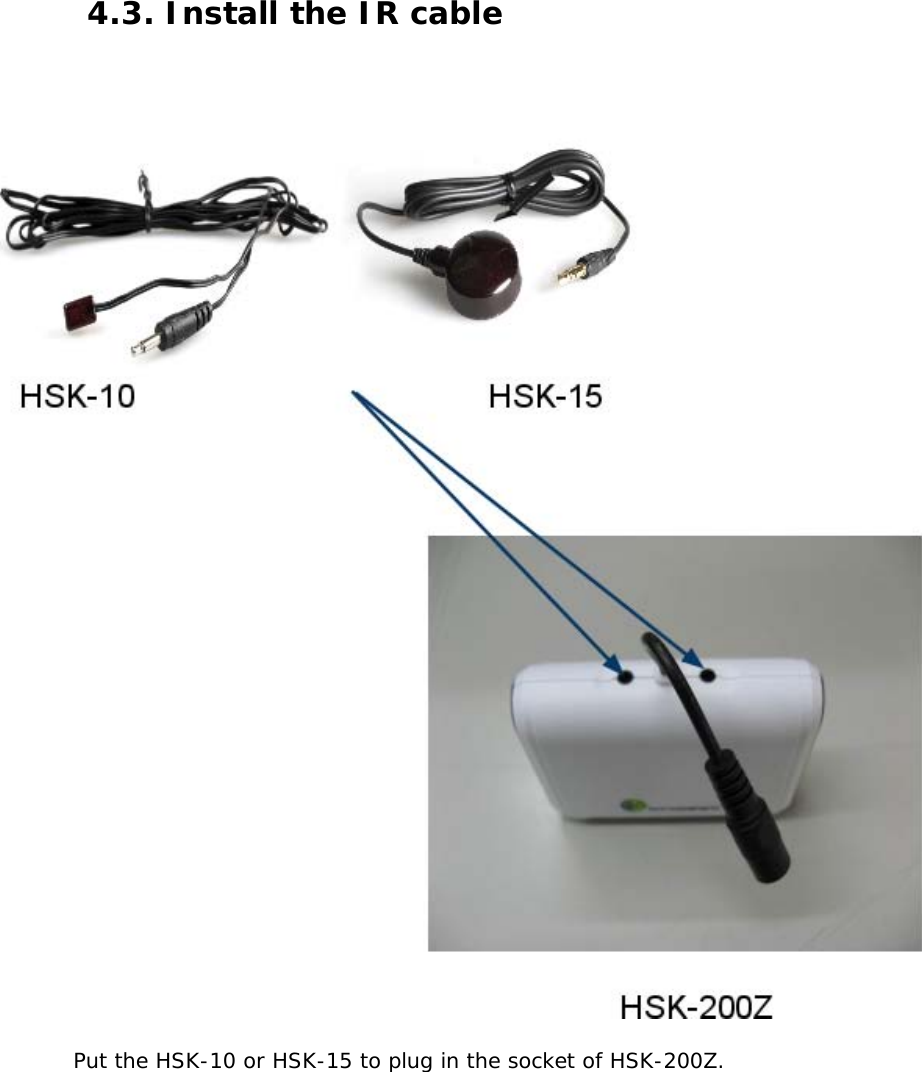 4.3. Install the IR cable        Put the HSK-10 or HSK-15 to plug in the socket of HSK-200Z.    