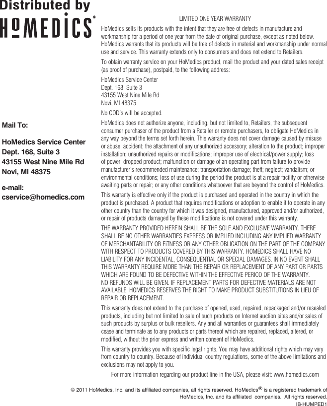 Page 7 of 7 - Homedics Homedics-Hjm-Ped1-Users-Manual-  Homedics-hjm-ped1-users-manual