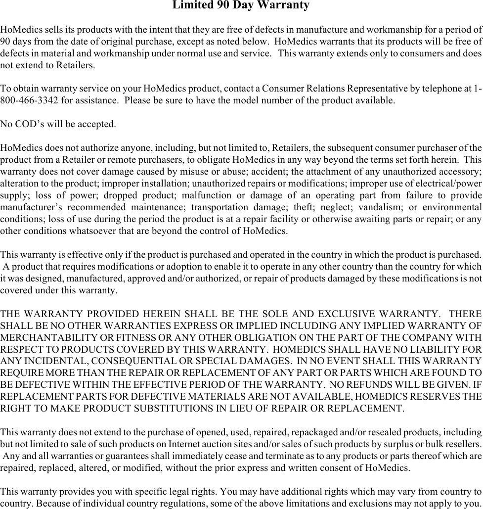 Page 1 of 1 - Homedics Homedics-Pm-50-Warranty-Information- 2 Yr. Limited Product Warranty Ver 02  Homedics-pm-50-warranty-information