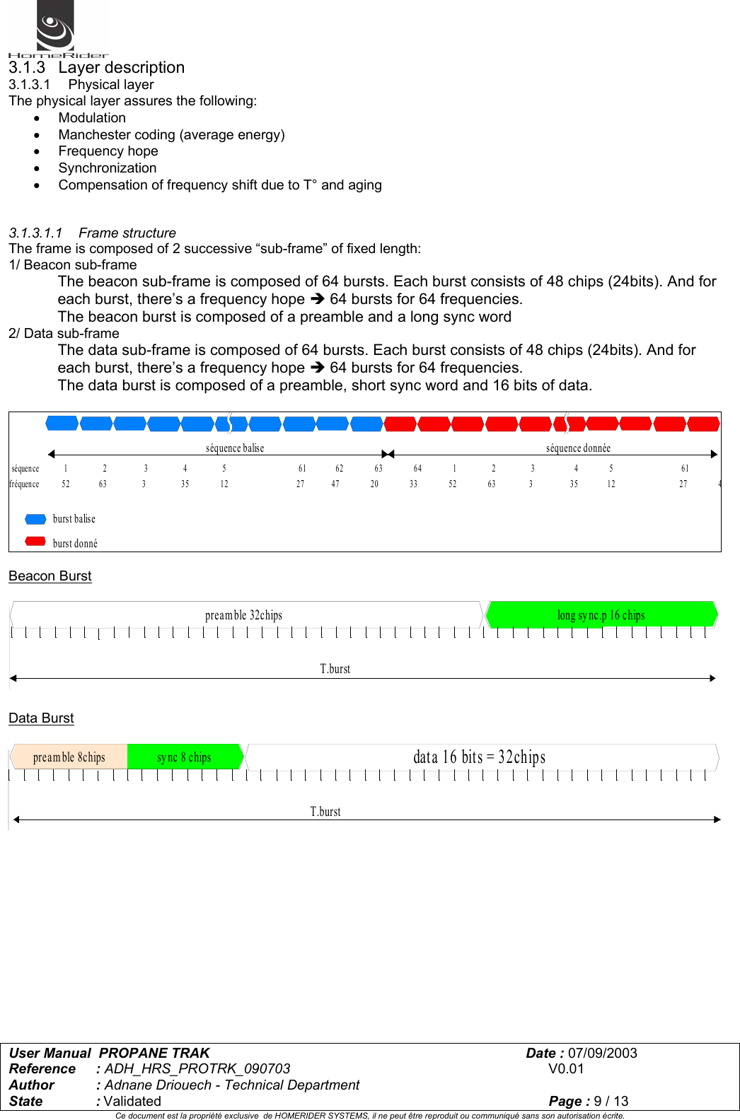   User Manual  PROPANE TRAK      Date : 07/09/2003  Reference : ADH_HRS_PROTRK_090703      V0.01 Author : Adnane Driouech - Technical Department State : Validated    Page : 9 / 13 Ce document est la propriété exclusive  de HOMERIDER SYSTEMS, il ne peut être reproduit ou communiqué sans son autorisation écrite.  3.1.3 Layer description 3.1.3.1 Physical layer The physical layer assures the following: • Modulation •  Manchester coding (average energy) • Frequency hope • Synchronization •  Compensation of frequency shift due to T° and aging   3.1.3.1.1 Frame structure The frame is composed of 2 successive “sub-frame” of fixed length: 1/ Beacon sub-frame The beacon sub-frame is composed of 64 bursts. Each burst consists of 48 chips (24bits). And for each burst, there’s a frequency hope Î 64 bursts for 64 frequencies. The beacon burst is composed of a preamble and a long sync word 2/ Data sub-frame  The data sub-frame is composed of 64 bursts. Each burst consists of 48 chips (24bits). And for each burst, there’s a frequency hope Î 64 bursts for 64 frequencies. The data burst is composed of a preamble, short sync word and 16 bits of data.  séquence            1                 2                  3                 4                 5                                   61              62               63               64               1                 2                 3                   4               5                                 61              burst baliseburst donnéfréquence           52              63                 3                 35               12                                 27             47               20               33               52               63                3                  35              12                               27               4séquence balise séquence donnée  Beacon Burst   long sy nc.p 16 chipsT.burstpream ble 32chips  Data Burst   dat a 16 bit s = 3 2chipssy nc 8 chipsT.burstpream ble 8chips             