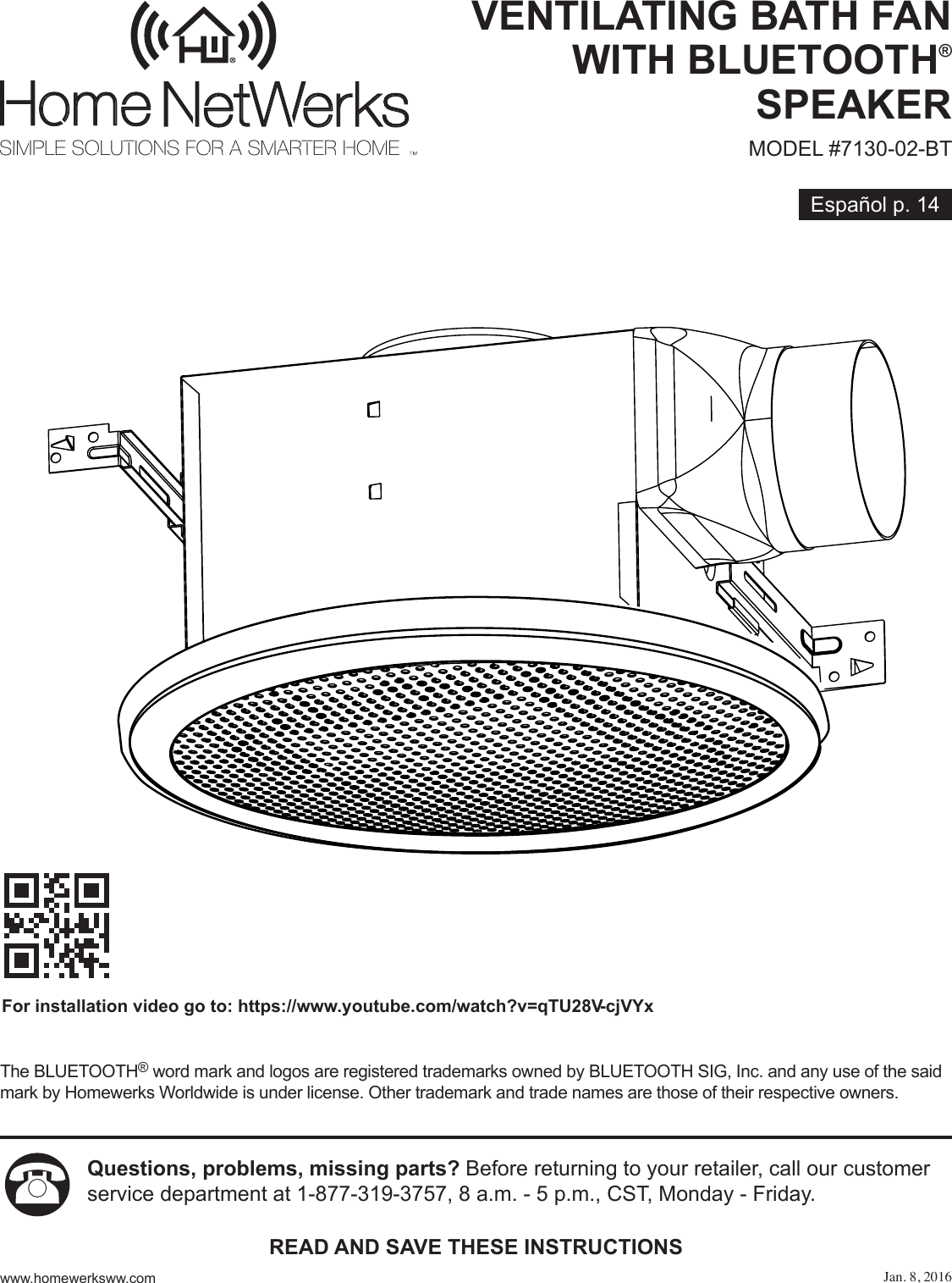 Homewerks Worldwide 713002BT ventilating bath fan with bluetooth