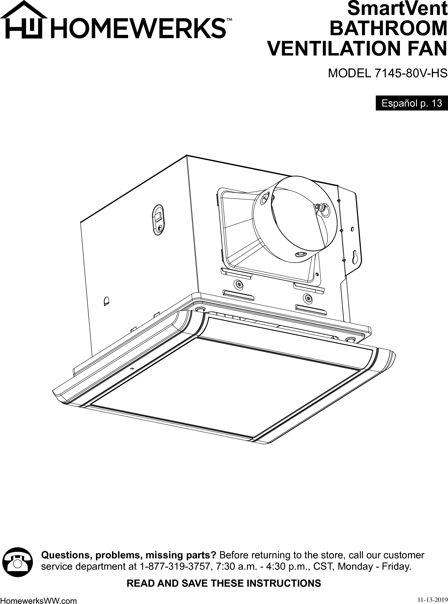 Homewerks Worldwide 714580VHS Humidity Sensing Fan with 433MHz User
