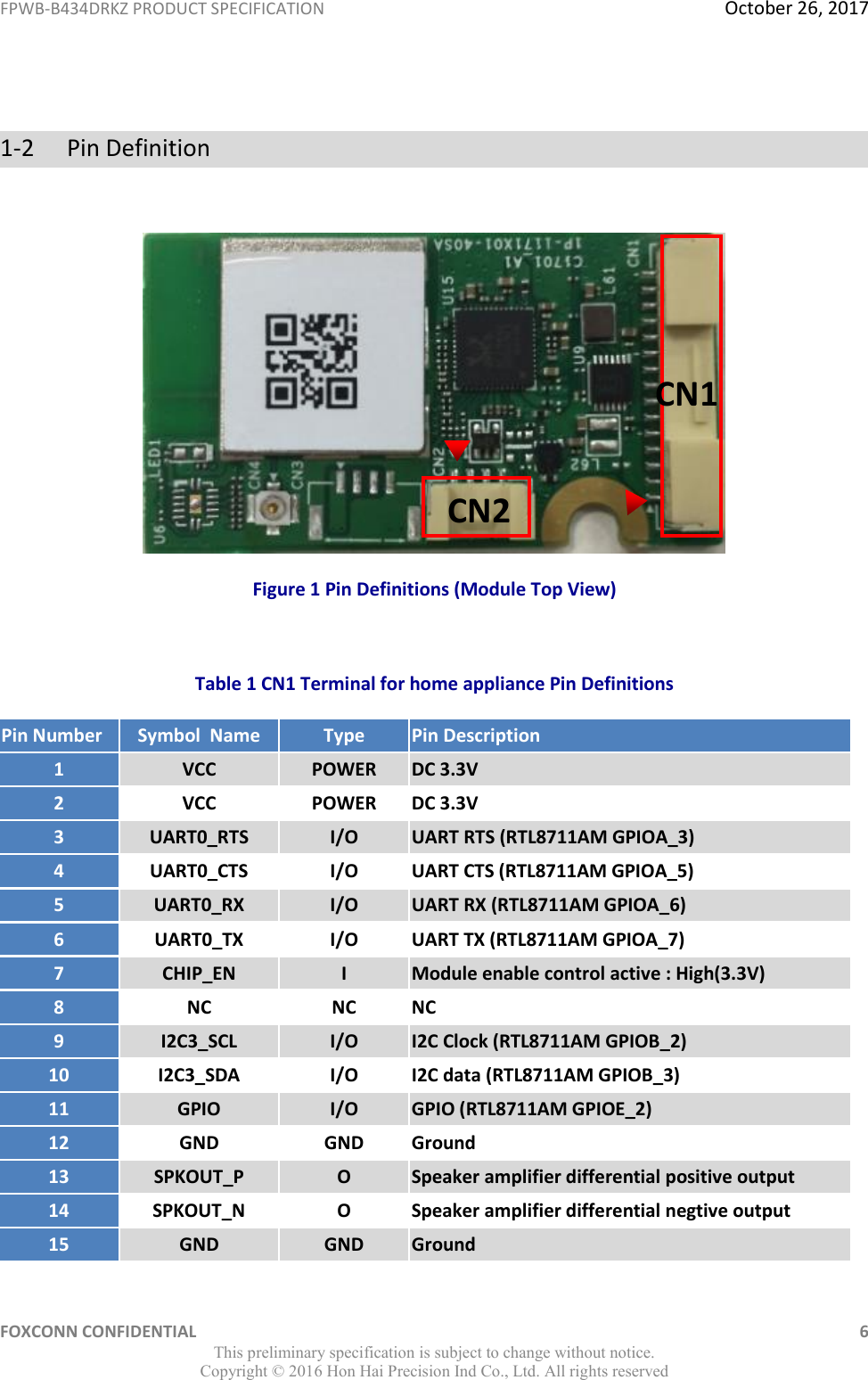 FPWB-B434DRKZ PRODUCT SPECIFICATION  October 26, 2017 FOXCONN CONFIDENTIAL    6 This preliminary specification is subject to change without notice. Copyright ©  2016 Hon Hai Precision Ind Co., Ltd. All rights reserved  1-2  Pin Definition   Figure 1 Pin Definitions (Module Top View)  Table 1 CN1 Terminal for home appliance Pin Definitions Pin Number Symbol  Name Type Pin Description 1 VCC POWER DC 3.3V 2 VCC POWER DC 3.3V 3 UART0_RTS I/O UART RTS (RTL8711AM GPIOA_3) 4 UART0_CTS I/O UART CTS (RTL8711AM GPIOA_5) 5 UART0_RX I/O UART RX (RTL8711AM GPIOA_6) 6 UART0_TX I/O UART TX (RTL8711AM GPIOA_7) 7 CHIP_EN I Module enable control active : High(3.3V) 8 NC NC NC 9 I2C3_SCL I/O I2C Clock (RTL8711AM GPIOB_2) 10 I2C3_SDA I/O I2C data (RTL8711AM GPIOB_3) 11 GPIO I/O GPIO (RTL8711AM GPIOE_2) 12 GND GND Ground 13 SPKOUT_P O Speaker amplifier differential positive output 14 SPKOUT_N O Speaker amplifier differential negtive output 15 GND GND Ground CN1 CN2 