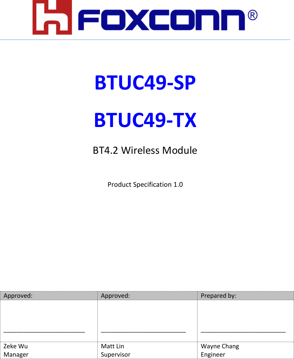 Page 1 of Hon Hai Precision Industry BTUC49 BT4.2 Wireless Module User Manual