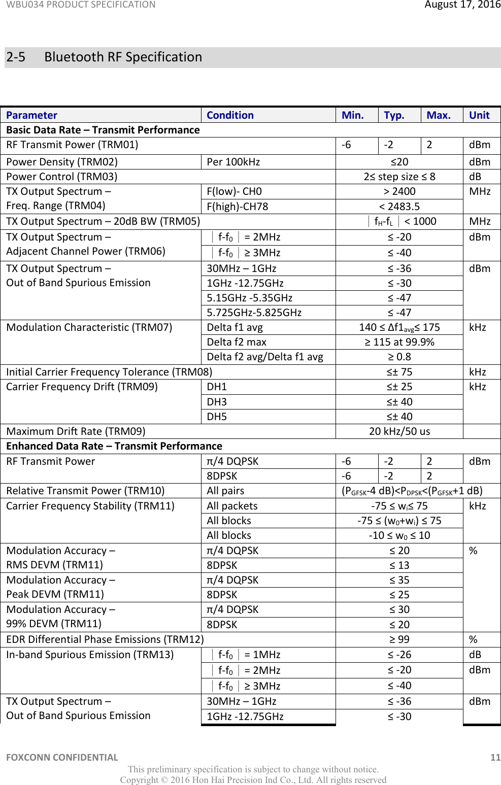 WBU034 PRODUCT SPECIFICATION  August 17, 2016 FOXCONN CONFIDENTIAL    11 This preliminary specification is subject to change without notice. Copyright ©  2016 Hon Hai Precision Ind Co., Ltd. All rights reserved 2-5  Bluetooth RF Specification  Parameter Condition Min. Typ. Max. Unit Basic Data Rate – Transmit Performance RF Transmit Power (TRM01) -6 -2 2 dBm Power Density (TRM02) Per 100kHz ≤20 dBm Power Control (TRM03) 2≤ step size ≤ 8 dB TX Output Spectrum –  Freq. Range (TRM04) F(low)- CH0 &gt; 2400 MHz F(high)-CH78 &lt; 2483.5 TX Output Spectrum – 20dB BW (TRM05) ∣fH-fL∣&lt; 1000 MHz TX Output Spectrum –  Adjacent Channel Power (TRM06) ∣f-f0∣= 2MHz ≤ -20 dBm ∣f-f0∣≥ 3MHz ≤ -40 TX Output Spectrum –  Out of Band Spurious Emission 30MHz – 1GHz ≤ -36 dBm 1GHz -12.75GHz    ≤ -30 5.15GHz -5.35GHz ≤ -47 5.725GHz-5.825GHz ≤ -47 Modulation Characteristic (TRM07) Delta f1 avg 140 ≤ ∆f1avg≤ 175 kHz Delta f2 max ≥ 115 at 99.9% Delta f2 avg/Delta f1 avg     ≥ 0.8 Initial Carrier Frequency Tolerance (TRM08) ≤± 75 kHz Carrier Frequency Drift (TRM09) DH1 ≤± 25 kHz DH3 ≤± 40 DH5 ≤± 40 Maximum Drift Rate (TRM09) 20 kHz/50 us  Enhanced Data Rate – Transmit Performance RF Transmit Power π/4 DQPSK -6 -2 2 dBm 8DPSK -6 -2 2 Relative Transmit Power (TRM10) All pairs (PGFSK-4 dB)&lt;PDPSK&lt;(PGFSK+1 dB) Carrier Frequency Stability (TRM11) All packets -75 ≤ wi≤ 75 kHz All blocks -75 ≤ (w0+wi) ≤ 75 All blocks -10 ≤ w0 ≤ 10 Modulation Accuracy –  RMS DEVM (TRM11) π/4 DQPSK ≤ 20 % 8DPSK ≤ 13 Modulation Accuracy –  Peak DEVM (TRM11) π/4 DQPSK ≤ 35 8DPSK ≤ 25 Modulation Accuracy –  99% DEVM (TRM11) π/4 DQPSK ≤ 30 8DPSK ≤ 20 EDR Differential Phase Emissions (TRM12) ≥ 99 % In-band Spurious Emission (TRM13) ∣f-f0∣= 1MHz ≤ -26 dB ∣f-f0∣= 2MHz ≤ -20 dBm ∣f-f0∣≥ 3MHz ≤ -40 TX Output Spectrum –  Out of Band Spurious Emission 30MHz – 1GHz ≤ -36 dBm 1GHz -12.75GHz ≤ -30 