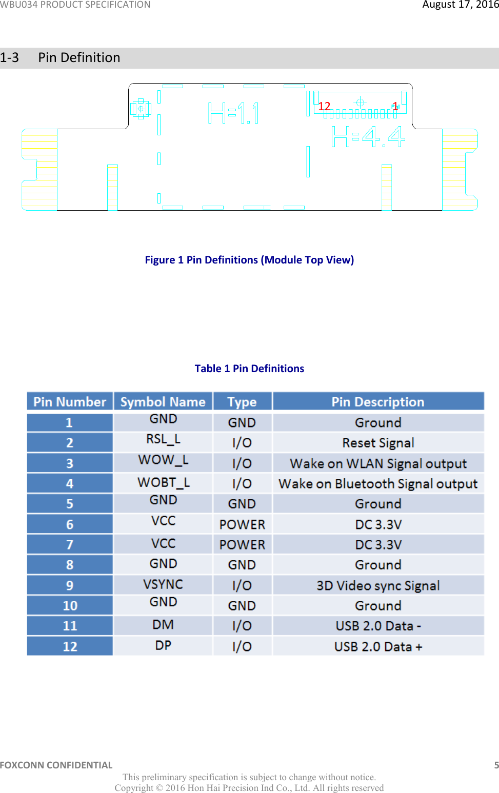 WBU034 PRODUCT SPECIFICATION  August 17, 2016 FOXCONN CONFIDENTIAL    5 This preliminary specification is subject to change without notice. Copyright ©  2016 Hon Hai Precision Ind Co., Ltd. All rights reserved 1-3 Pin Definition   Figure 1 Pin Definitions (Module Top View)    Table 1 Pin Definitions   1 12 