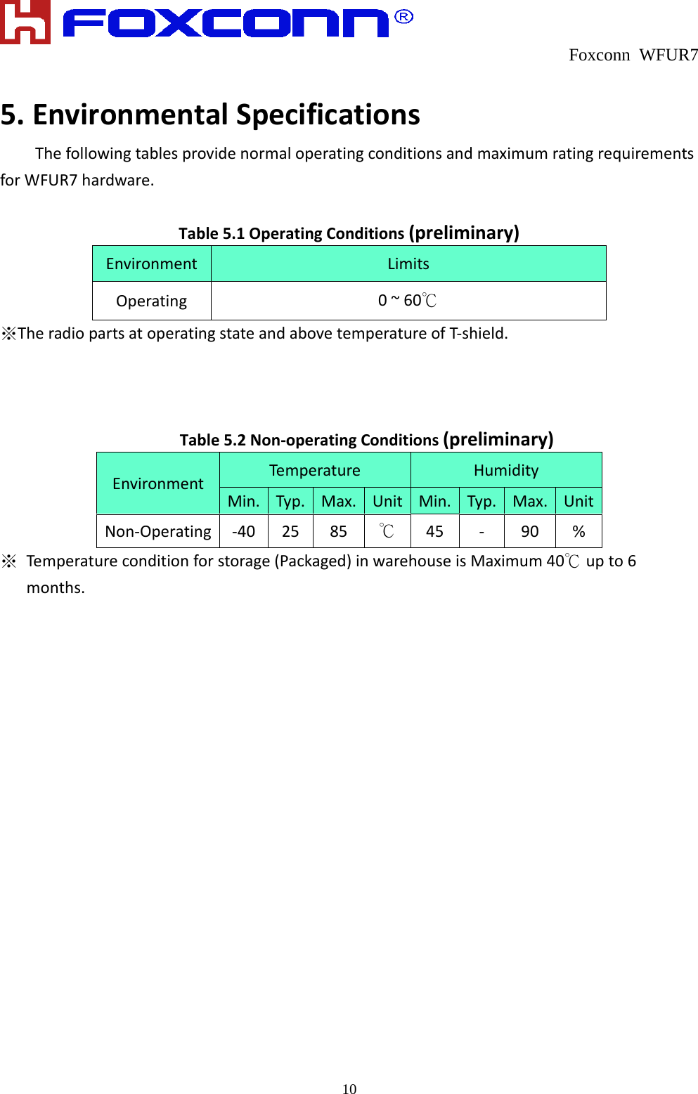  Foxconn WFUR7   10 5.EnvironmentalSpecificationsThefollowingtablesprovidenormaloperatingconditionsandmaximumratingrequirementsforWFUR7hardware.Table5.1OperatingConditions(preliminary)EnvironmentLimitsOperating0~60℃※TheradiopartsatoperatingstateandabovetemperatureofT‐shield.Table5.2Non‐operatingConditions(preliminary)EnvironmentTemperature HumidityMin.Typ. Max. Unit Min. Typ. Max.UnitNon‐Operating‐402585℃45‐90%※  Temperat ureconditionforstorage(Packaged)inwarehouseisMaximum40℃upto6months.