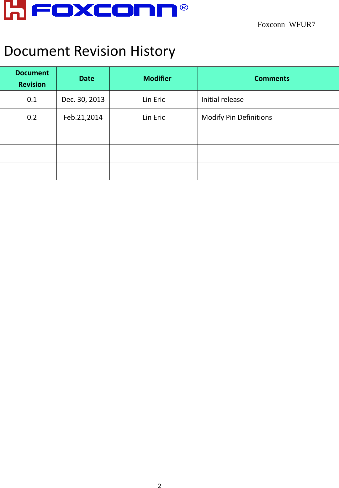  Foxconn WFUR7   2 DocumentRevisionHistoryDocumentRevisionDateModifierComments0.1Dec.30,2013LinEricInitialrelease0.2Feb.21,2014LinEricModifyPinDefinitions   