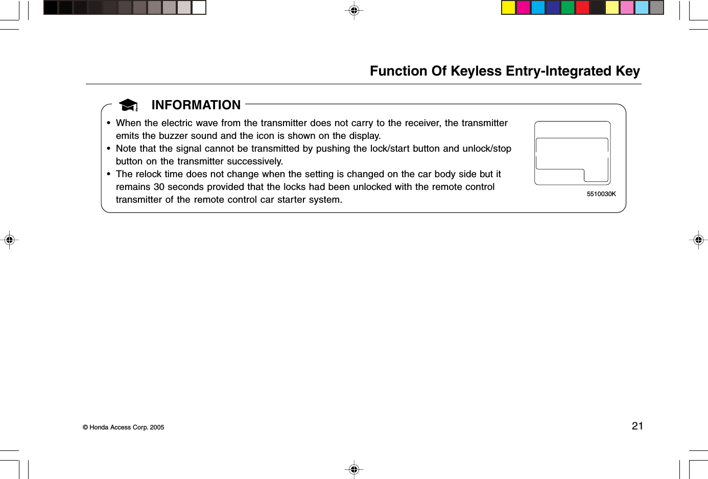 © Honda Access Corp. 2005 21• When the electric wave from the transmitter does not carry to the receiver, the transmitteremits the buzzer sound and the icon is shown on the display.• Note that the signal cannot be transmitted by pushing the lock/start button and unlock/stopbutton on the transmitter successively.• The relock time does not change when the setting is changed on the car body side but itremains 30 seconds provided that the locks had been unlocked with the remote controltransmitter of the remote control car starter system.5510030KINFORMATIONFunction Of Keyless Entry-Integrated Key