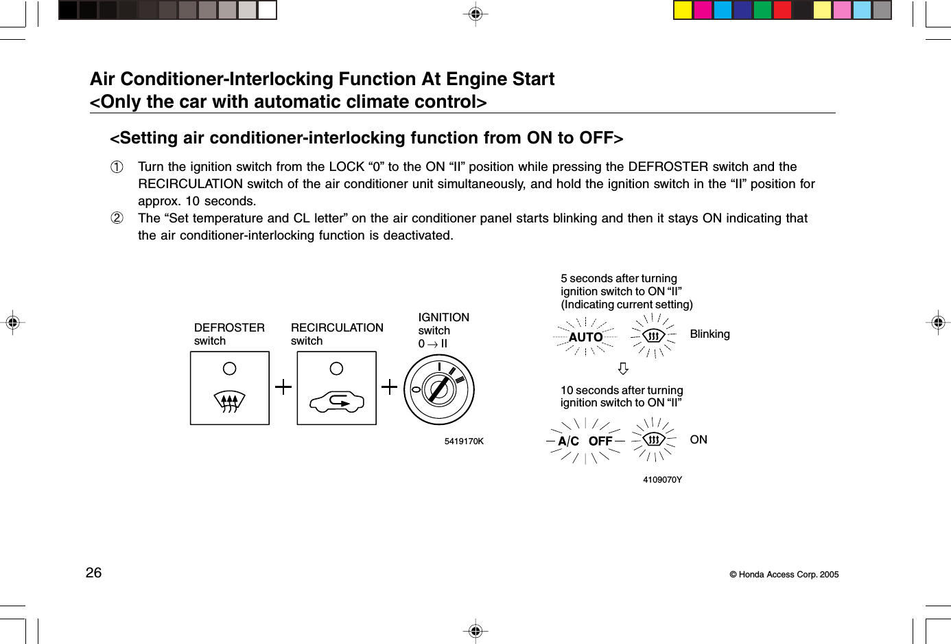 26 © Honda Access Corp. 2005Air Conditioner-Interlocking Function At Engine Start&lt;Only the car with automatic climate control&gt;&lt;Setting air conditioner-interlocking function from ON to OFF&gt;Turn the ignition switch from the LOCK “0” to the ON “II” position while pressing the DEFROSTER switch and theRECIRCULATION switch of the air conditioner unit simultaneously, and hold the ignition switch in the “II” position forapprox. 10 seconds.The “Set temperature and CL letter” on the air conditioner panel starts blinking and then it stays ON indicating thatthe air conditioner-interlocking function is deactivated.5419170KDEFROSTERswitchRECIRCULATIONswitchIGNITIONswitch0   II4109070Y5 seconds after turningignition switch to ON “II”(Indicating current setting)Blinking10 seconds after turningignition switch to ON “II”ON