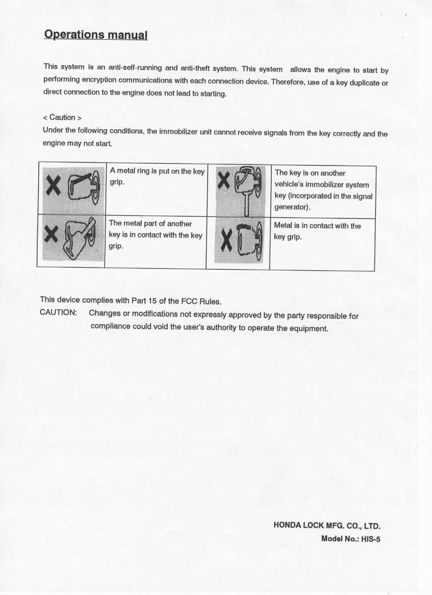 Immobilizer system User Manual