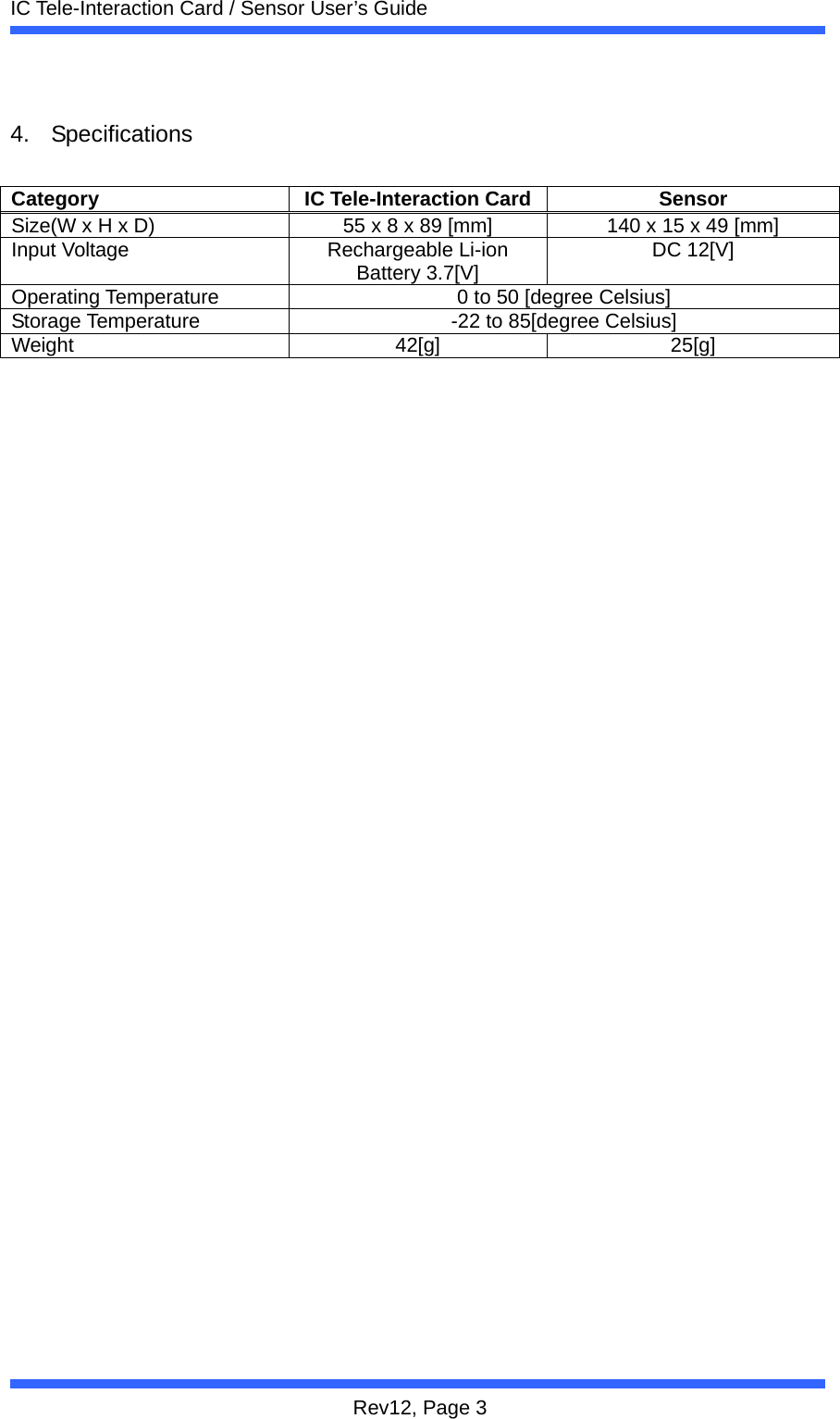  IC Tele-Interaction Card / Sensor User&rsquo;s Guide Rev12, Page 3  4. Specifications  Category  IC Tele-Interaction Card Sensor Size(W x H x D)  55 x 8 x 89 [mm]  140 x 15 x 49 [mm] Input Voltage  Rechargeable Li-ion Battery 3.7[V]  DC 12[V] Operating Temperature  0 to 50 [degree Celsius] Storage Temperature  -22 to 85[degree Celsius] Weight 42[g] 25[g]    