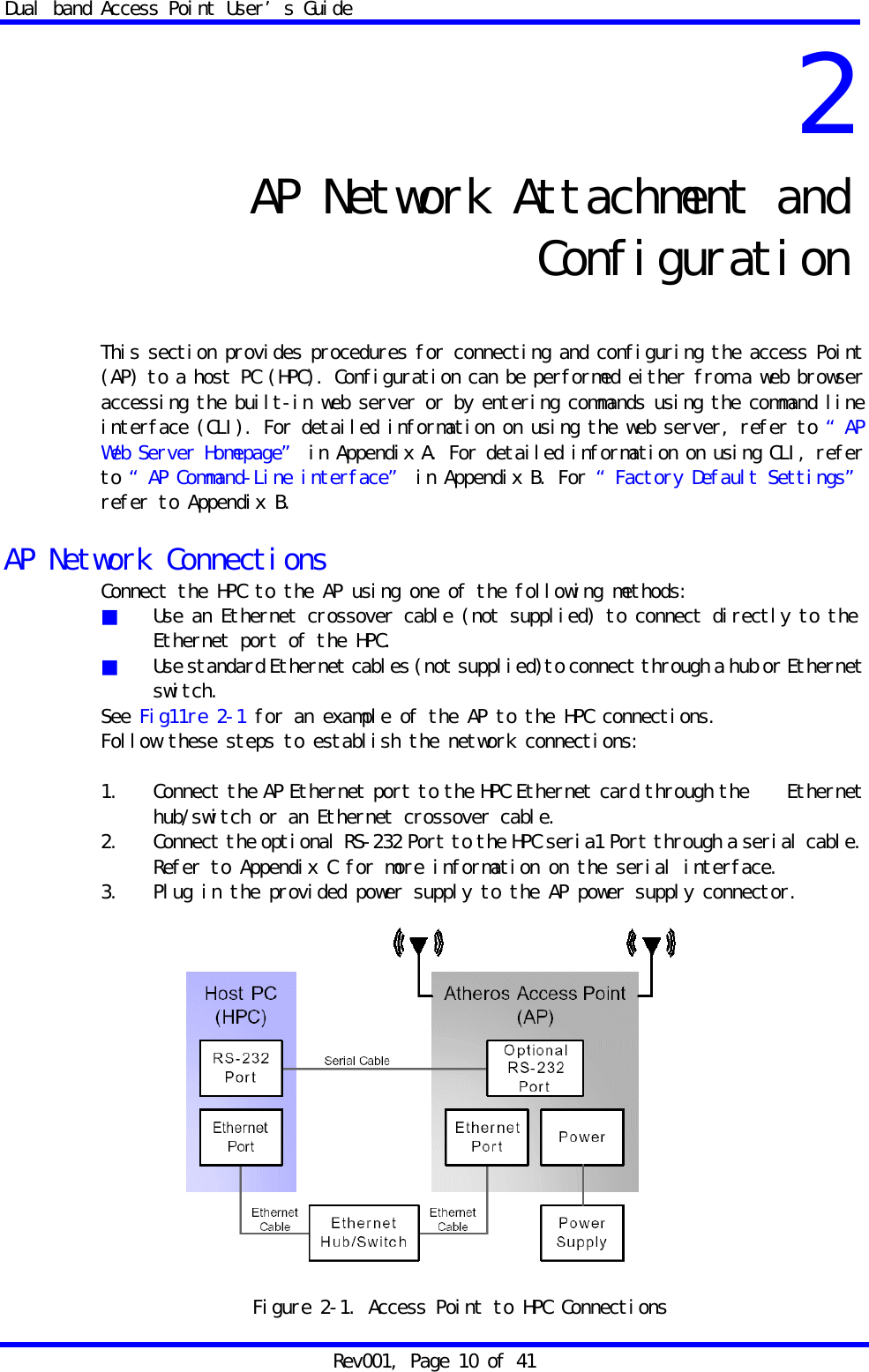 Dual band Access Point User&rsquo;s Guide Rev001, Page 10 of 41 2   AP Network Attachment and            Configuration   This section provides procedures for connecting and configuring the access Point (AP) to a host PC (HPC). Configuration can be performed either from a web browser accessing the built-in web server or by entering commands using the command line interface (CLI). For detailed information on using the web server, refer to &ldquo;AP Web Server Homepage&rdquo; in Appendix A. For detailed information on using CLI, refer to &ldquo;AP Command-Line interface&rdquo; in Appendix B. For &ldquo;Factory Default Settings&rdquo; refer to Appendix B.  AP Network Connections Connect the HPC to the AP using one of the following methods: ■  Use an Ethernet crossover cable (not supplied) to connect directly to the Ethernet port of the HPC. ■  Use standard Ethernet cables (not supplied)to connect through a hub or Ethernet switch. See Fig11re 2-1 for an example of the AP to the HPC connections. Follow these steps to establish the network connections:  1.  Connect the AP Ethernet port to the HPC Ethernet card through the  Ethernet hub/switch or an Ethernet crossover cable. 2.  Connect the optional RS-232 Port to the HPC seria1 Port through a serial cable. Refer to Appendix C for more information on the serial interface. 3.  Plug in the provided power supply to the AP power supply connector.   Figure 2-1. Access Point to HPC Connections 